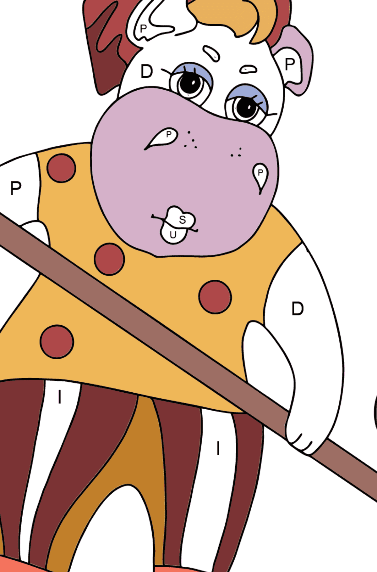 Coloriage Hippopotame mignon (difficile) - Coloriage par Lettres pour les Enfants