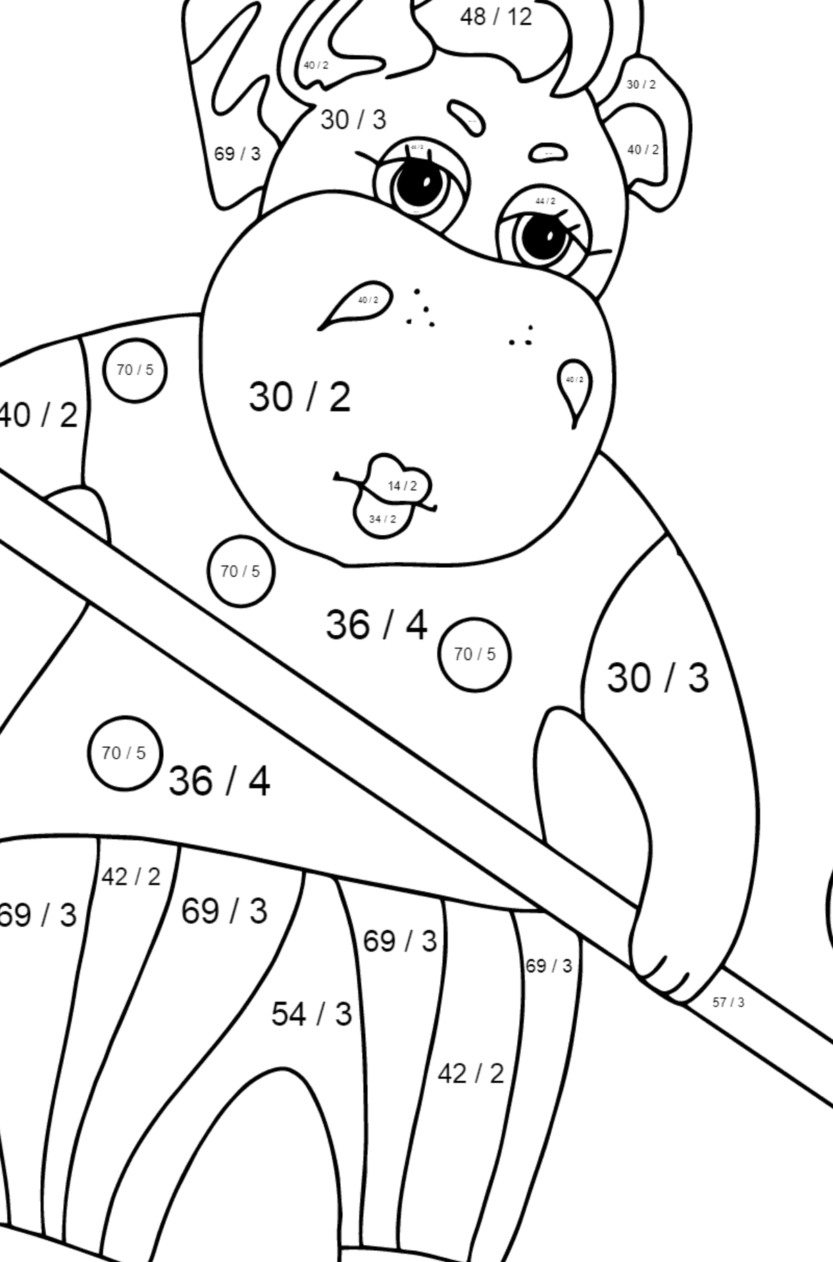 Målarbild söt flodhäst (svår) - Matematik Färgläggning - Division För barn