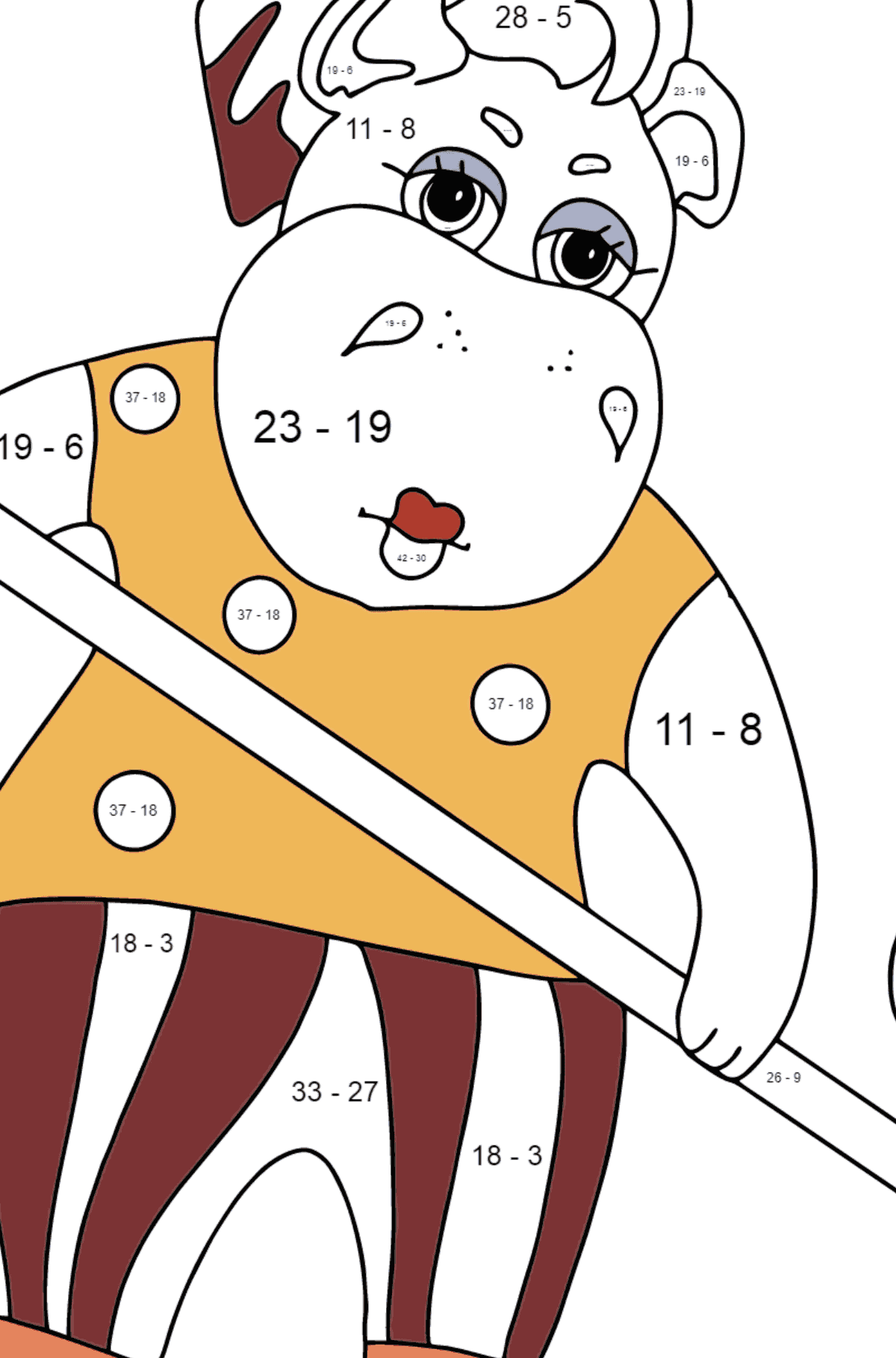 Dibujo de Lindo hipopótamo (difícil) para colorear - Colorear con Matemáticas - Restas para Niños