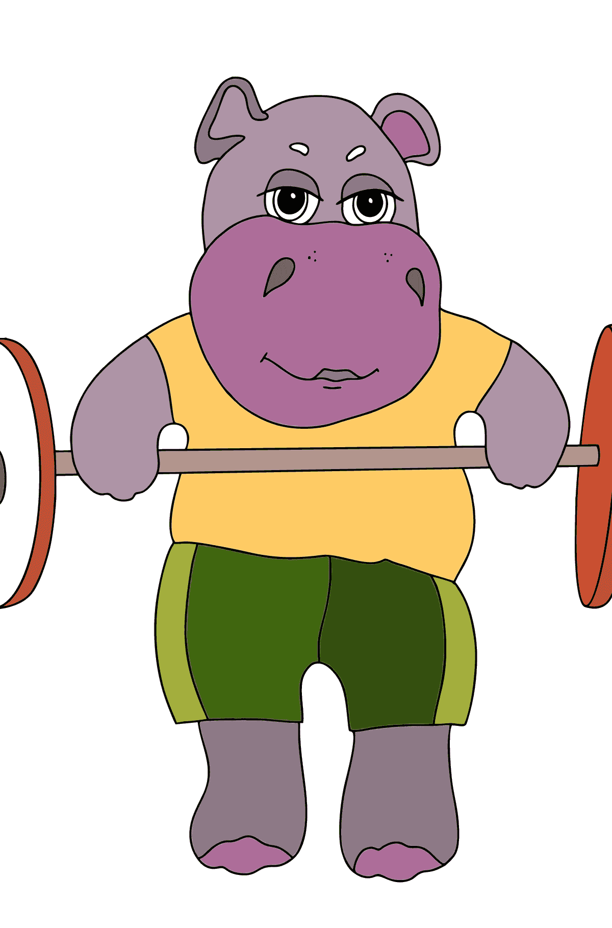 Coloring Page - A Hippo Lifts a Barbell for Kids 