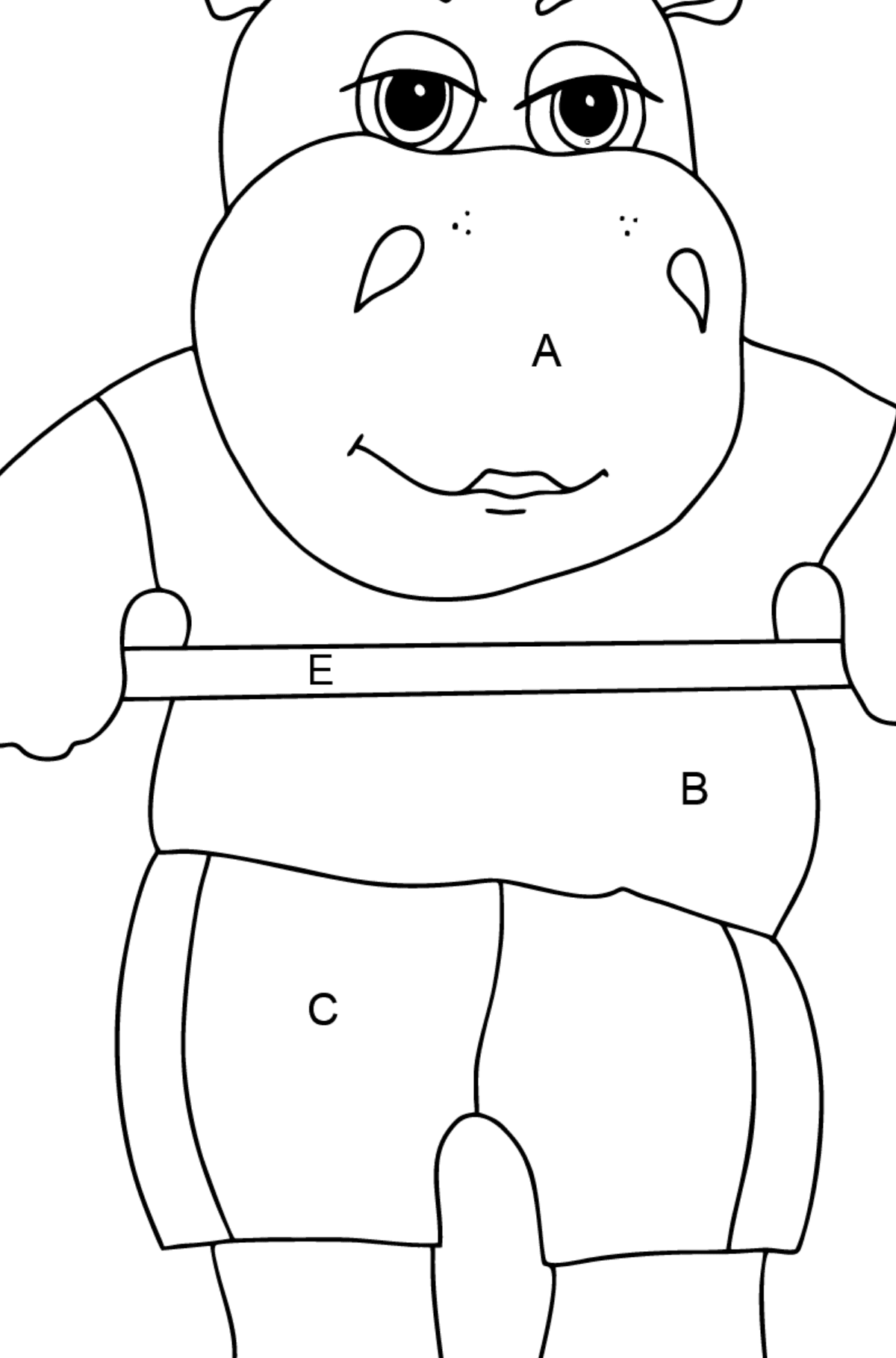 Coloriage Hippopotame athlétique (simple) - Coloriage par Lettres pour les Enfants