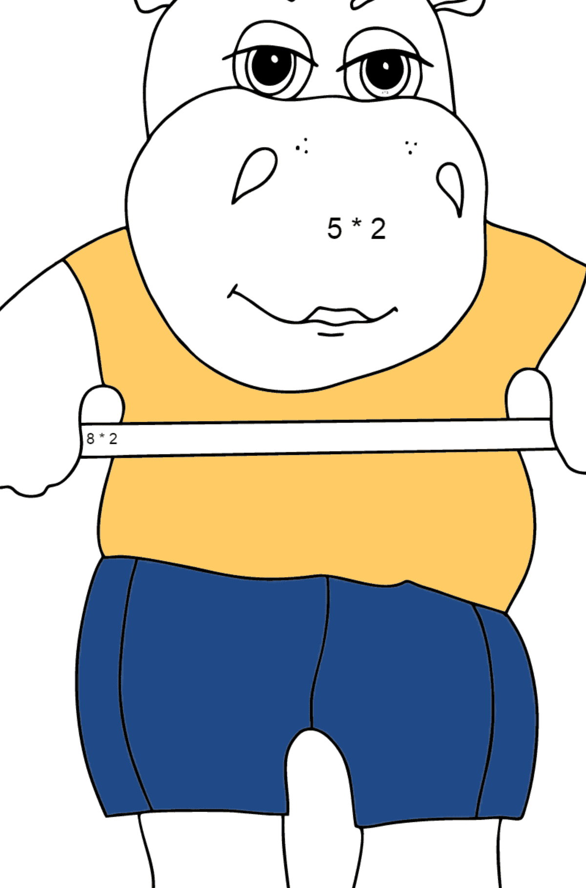 Ausmalbild Sport-Nilpferd (einfach) - Mathe Ausmalbilder - Multiplikation für Kinder