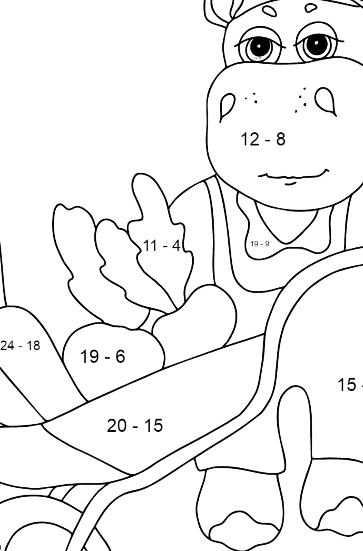 Malvorlage Nilpferd im Garten (einfach) - Mathe Ausmalbilder - Subtraktion für Kinder