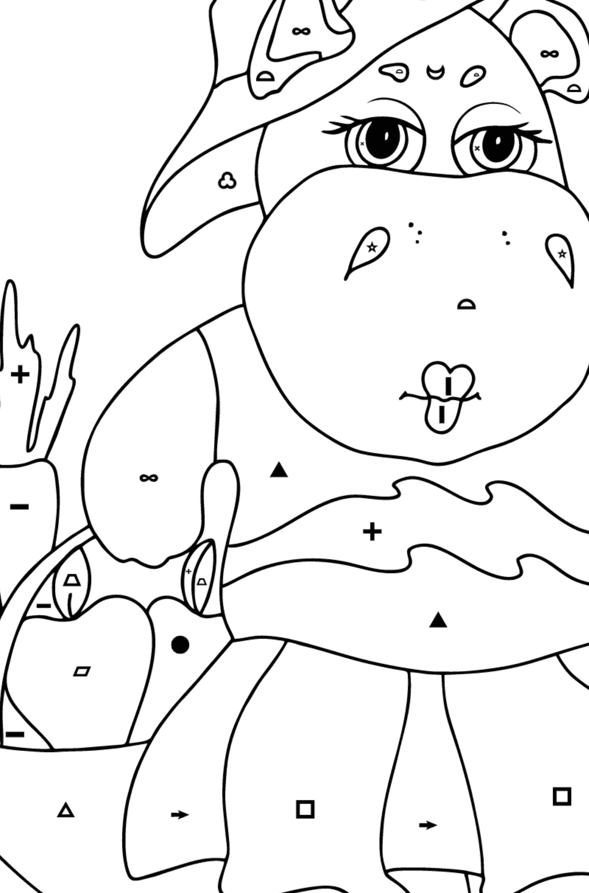 Kolorowanka Troskliwy hipopotam - Kolorowanie według symboli i figur geometrycznych dla dzieci