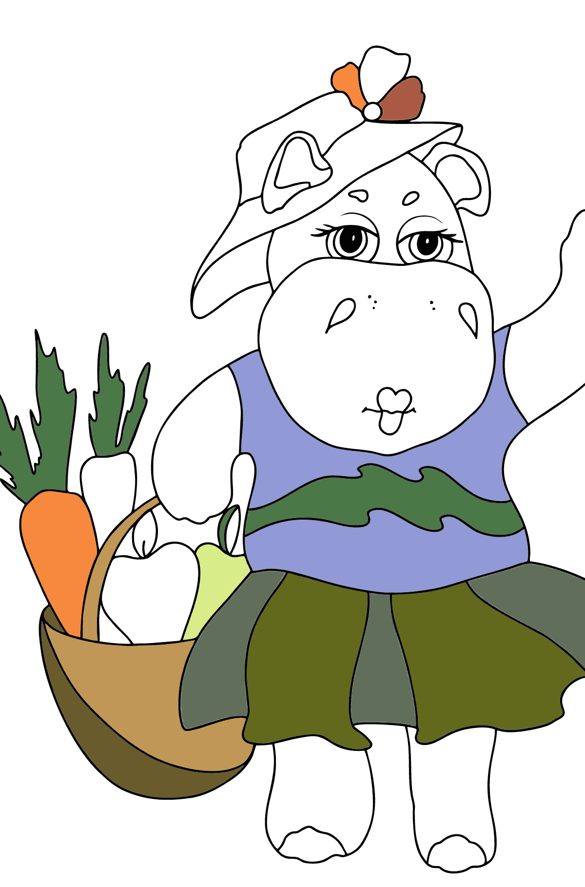 Coloring Page - A Hippo with a Crop Basket for Children 