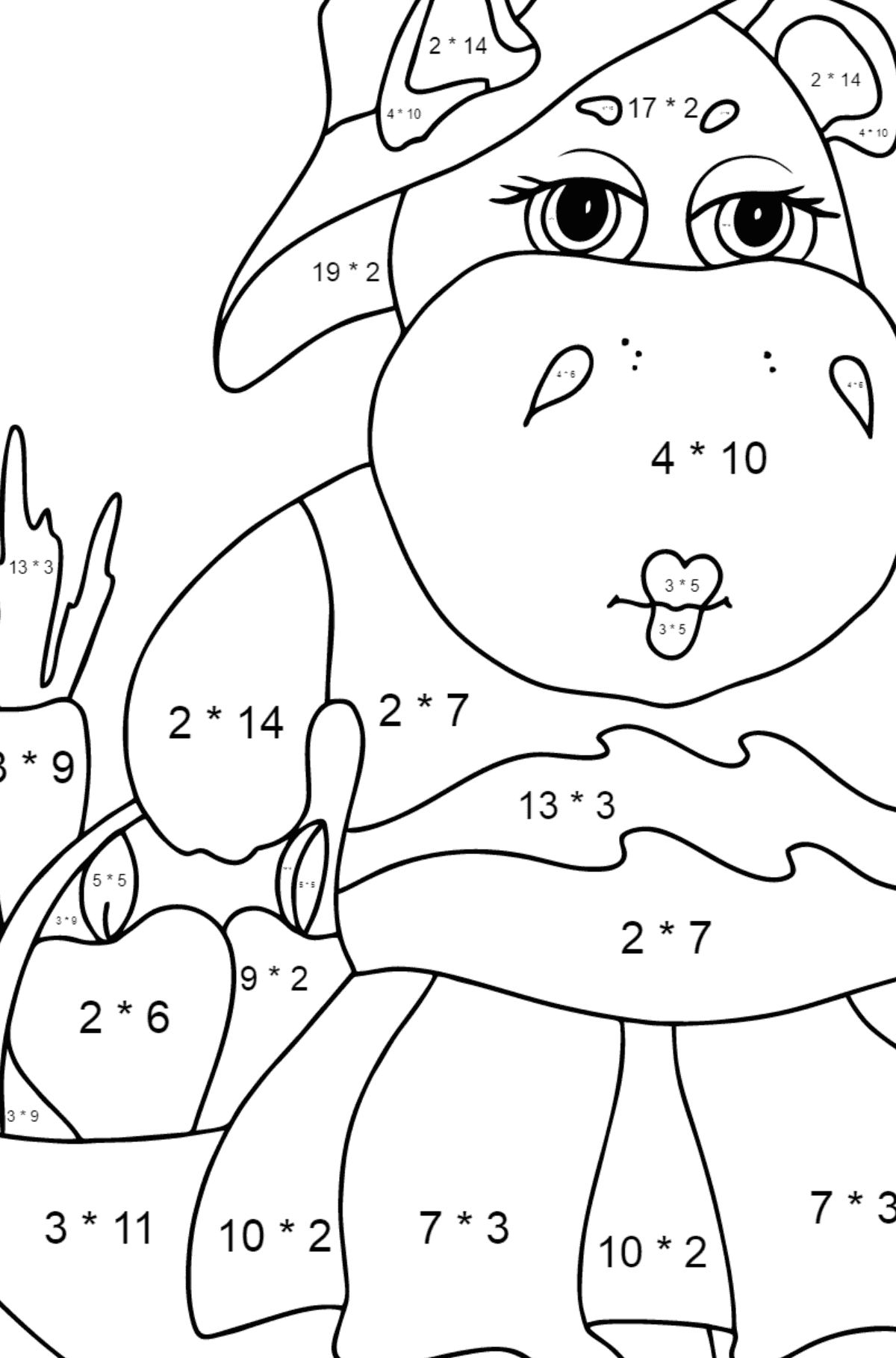 Coloriage Hippopotame attentionné - Coloriage Magique Multiplication pour les Enfants