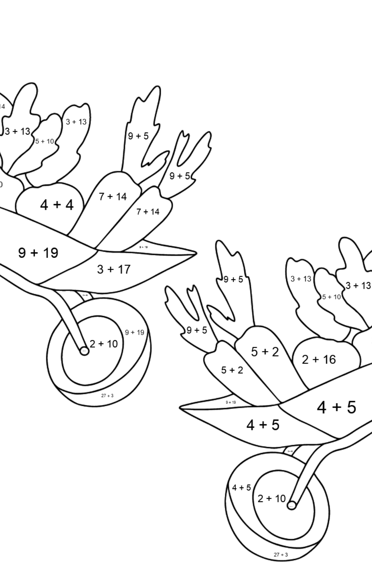 Malvorlage Flusspferde im Garten (schwer) - Mathe Ausmalbilder - Addition für Kinder