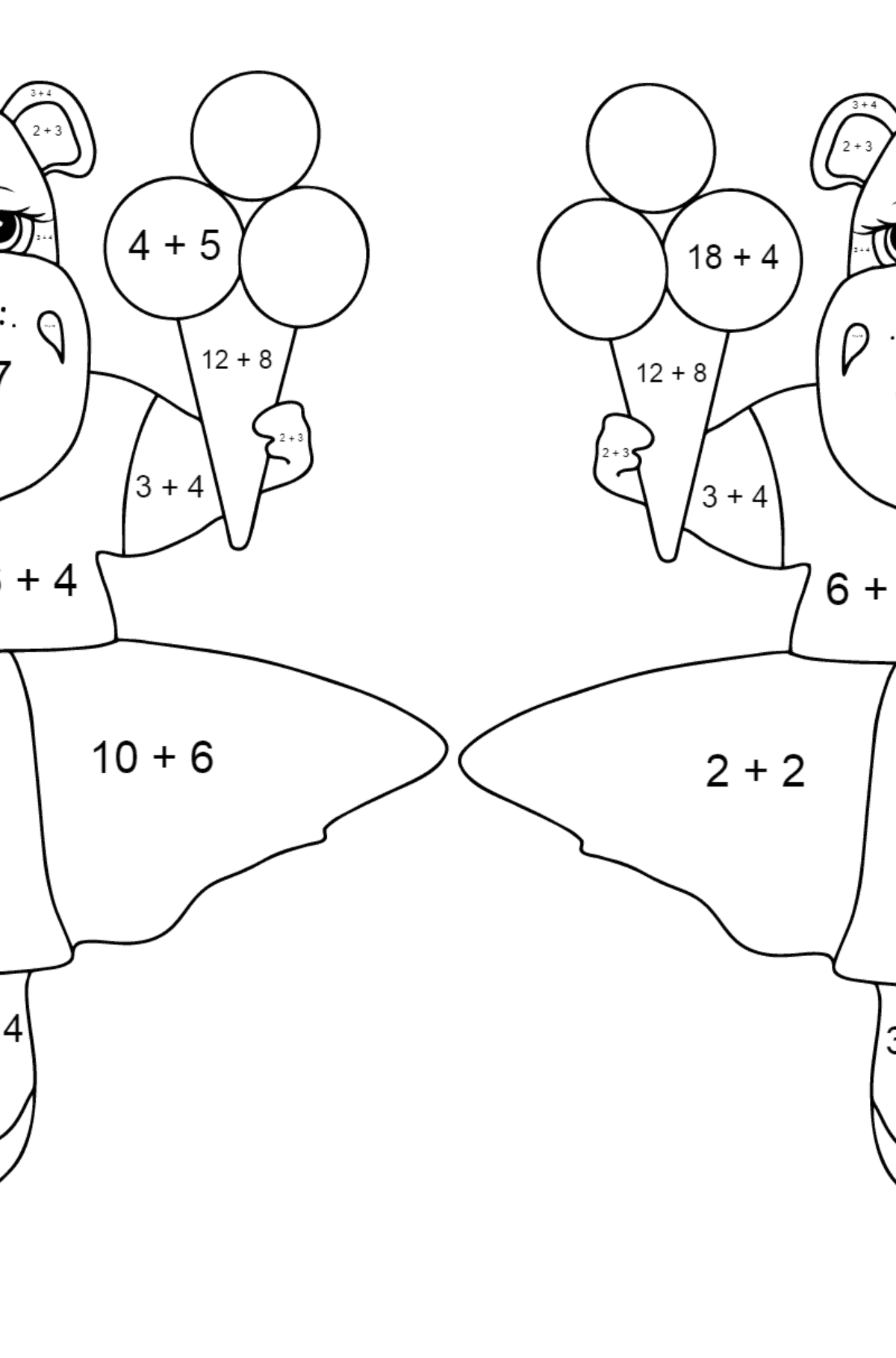 Ausmalbild Entzückende Flusspferde (schwer) - Mathe Ausmalbilder - Addition für Kinder