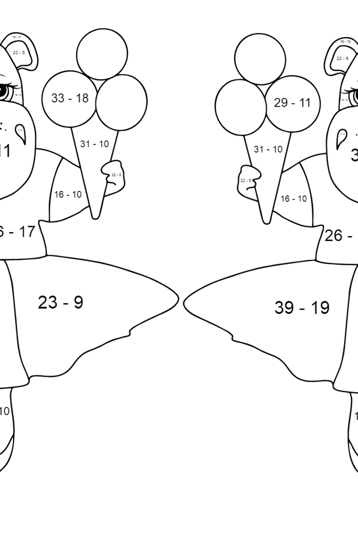 Ausmalbild Entzückende Flusspferde (schwer) - Mathe Ausmalbilder - Subtraktion für Kinder