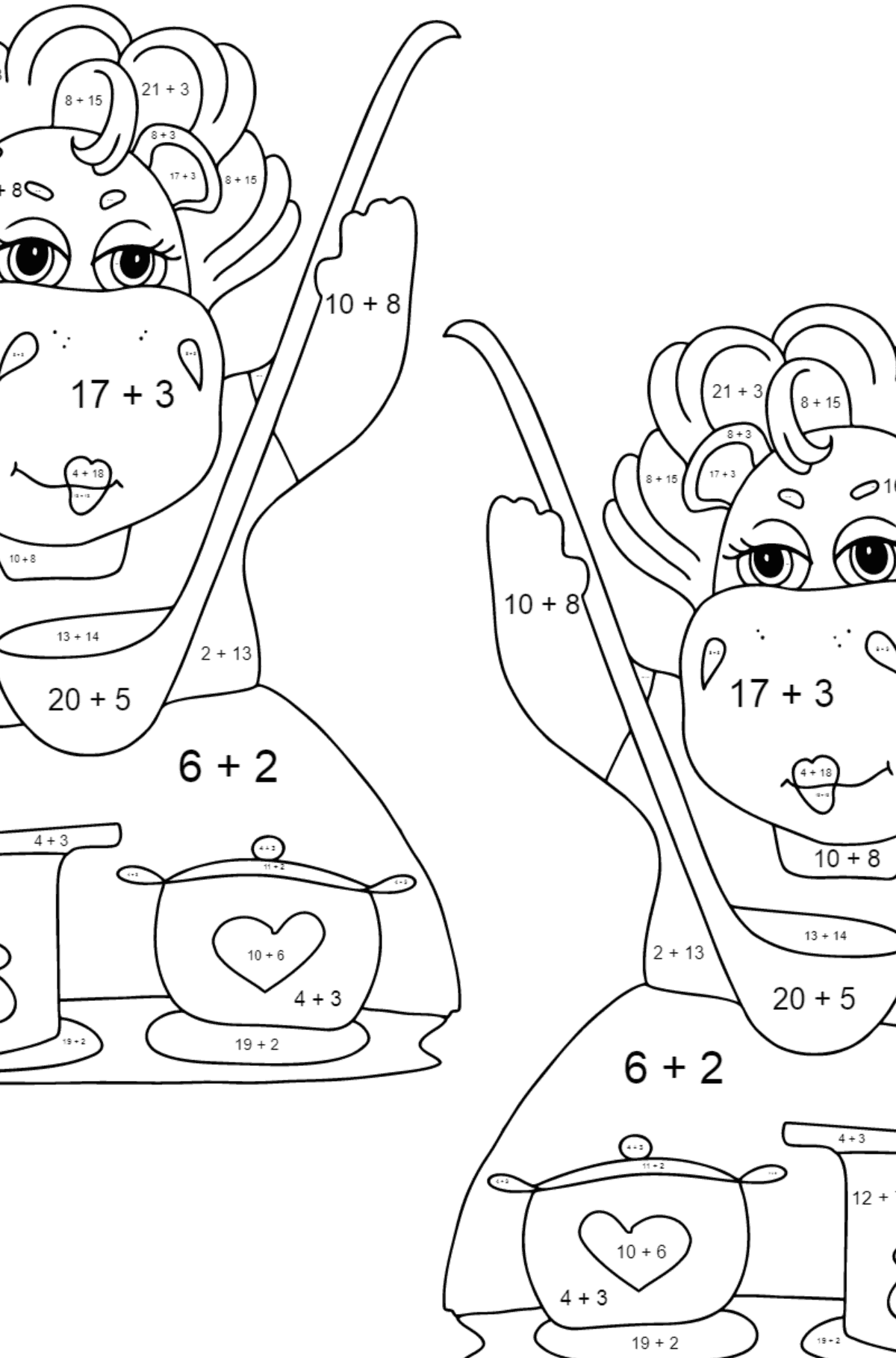 Ausmalbild Magische Flusspferde (schwer) - Mathe Ausmalbilder - Addition für Kinder