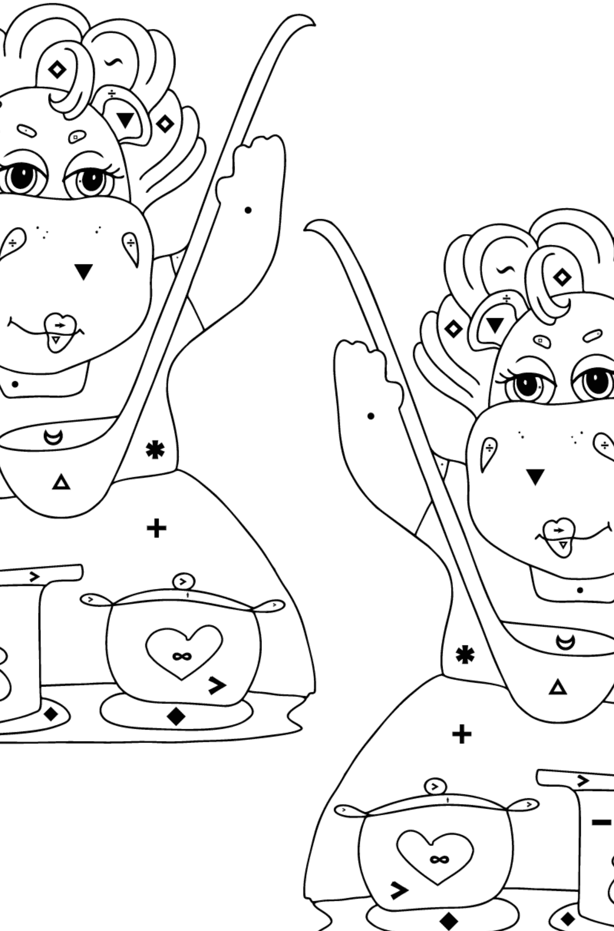 Ausmalbild Magische Flusspferde (schwer) - Ausmalen nach Symbolen für Kinder