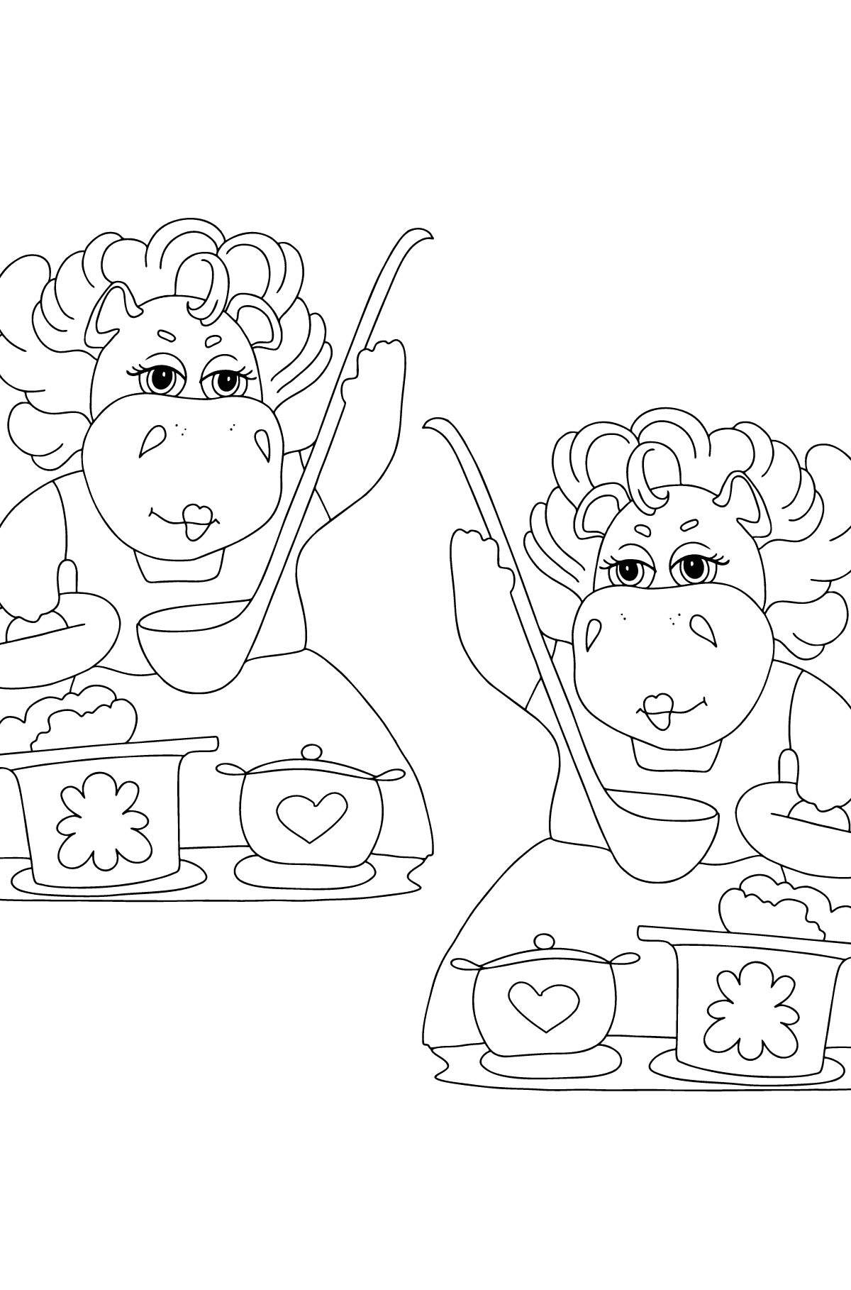 Coloring Page - Hippos are Cooking a Delicious Lunch for Children 
