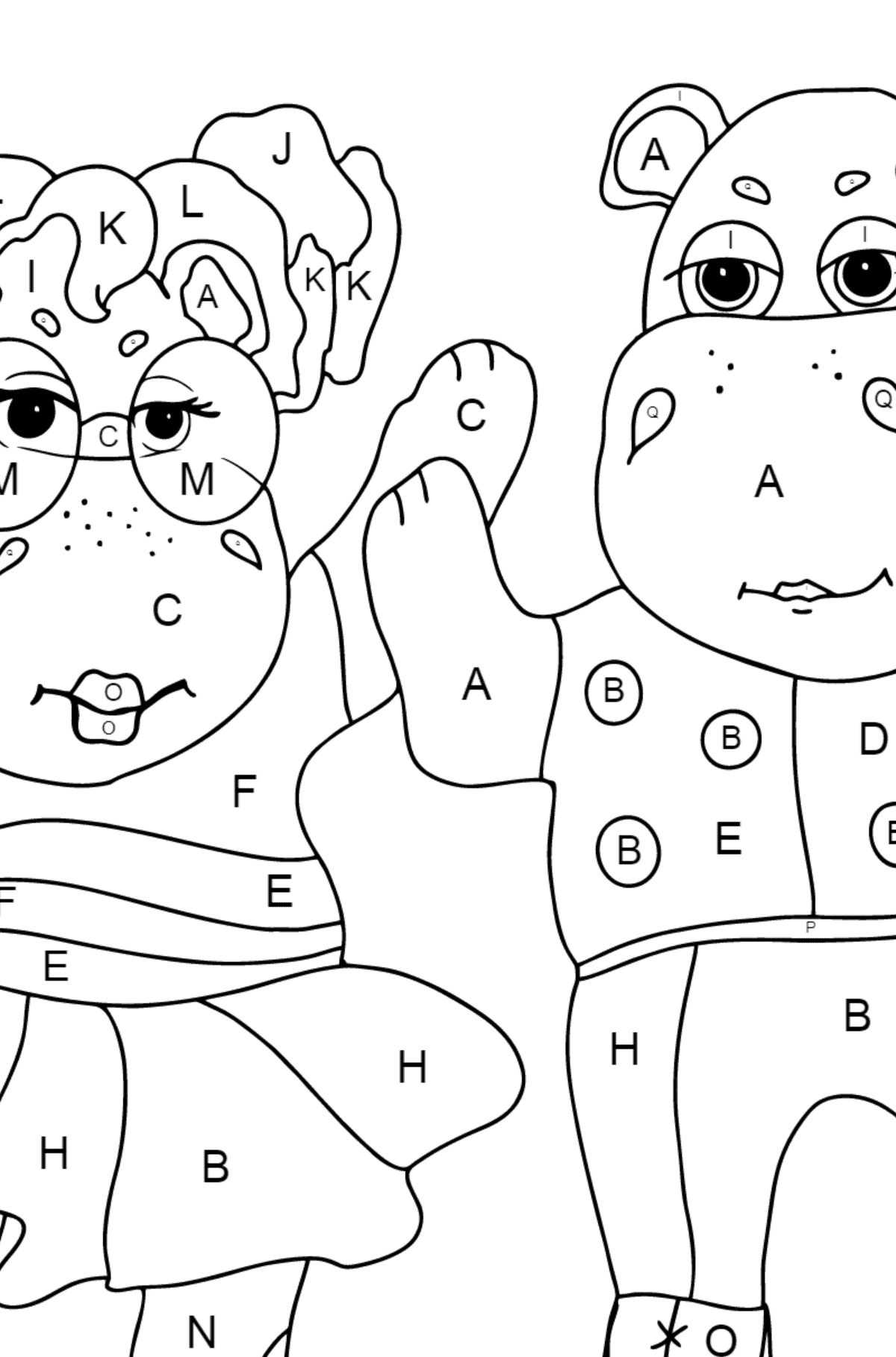 Coloriage Hippopotames dansants (difficile) - Coloriage par Lettres pour les Enfants