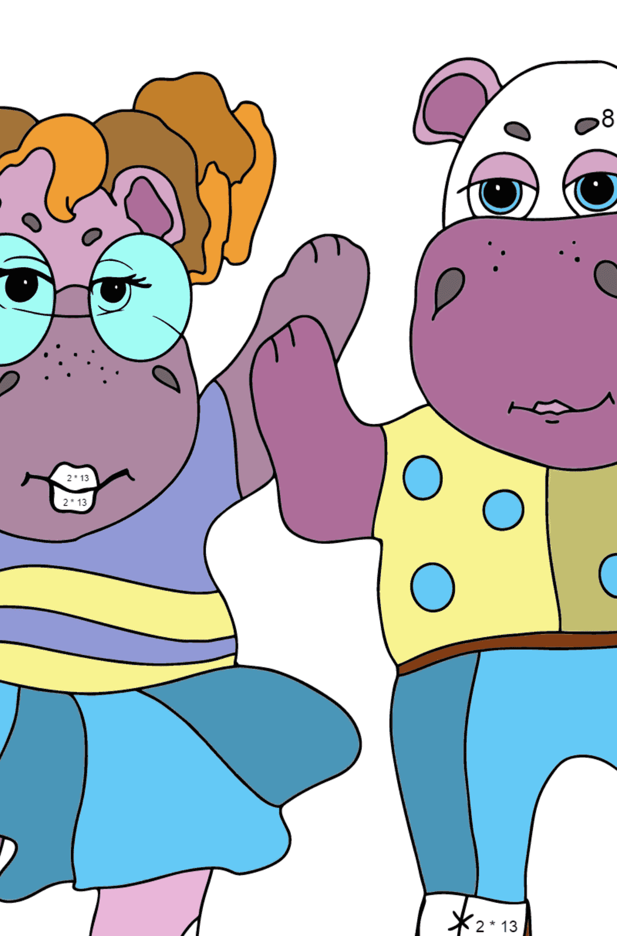 Dancing Hippos (hard) coloring page - Math Coloring - Multiplication for Kids