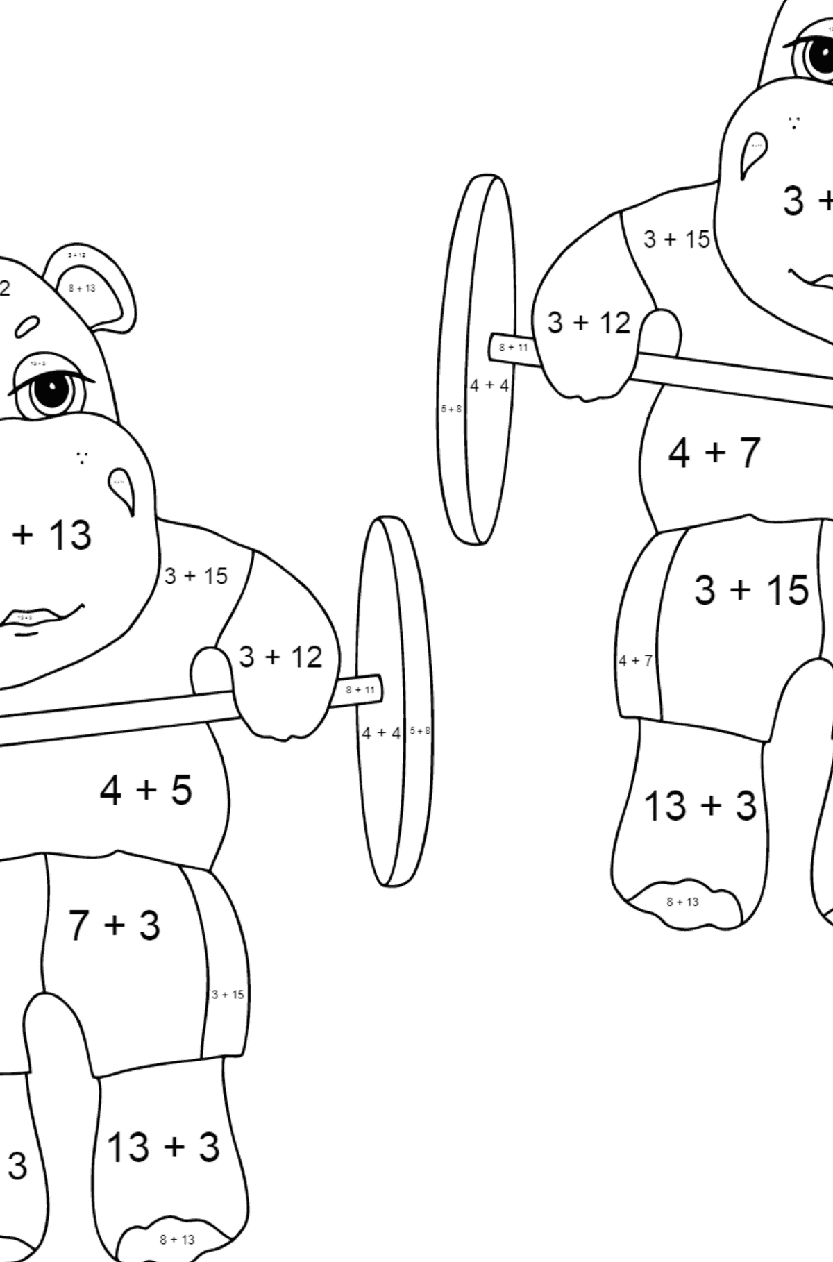 Prosta kolorystyka Hipopotamów - Kolorowanki matematyczne dodawanie dla dzieci