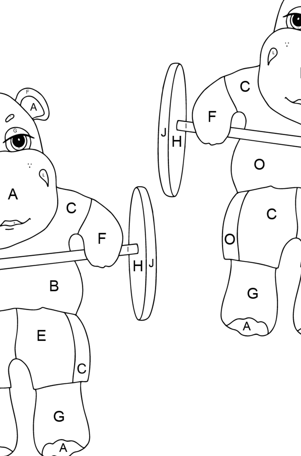 Coloriage Hippopotames sportifs (difficile) - Coloriage par Lettres pour les Enfants