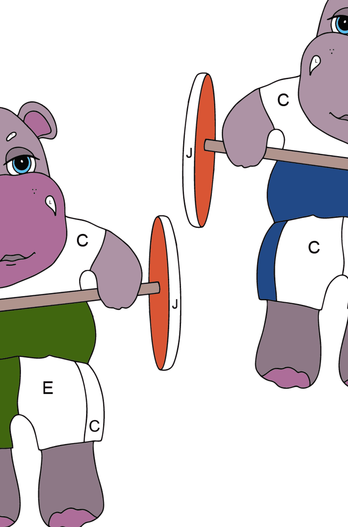 Hipopótamos Esportivos (Difícil) para colorir - Colorir por Letras para Crianças