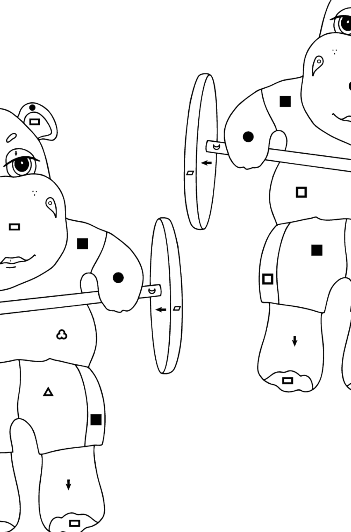 Kolorowanka Sportowy hipopotam (trudny) - Kolorowanie według symboli i figur geometrycznych dla dzieci