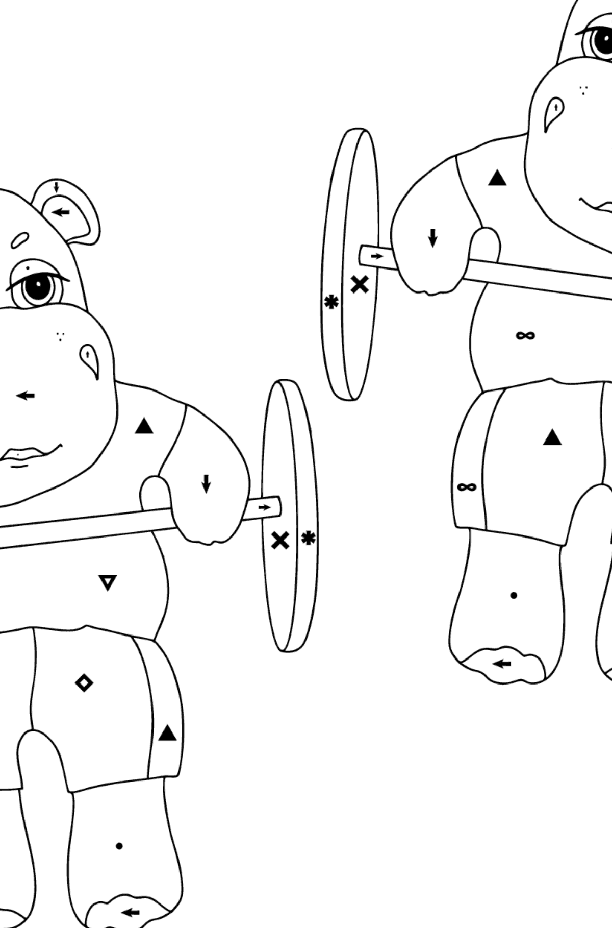 Kolorowanka Sportowy hipopotam (trudny) - Kolorowanie według symboli dla dzieci
