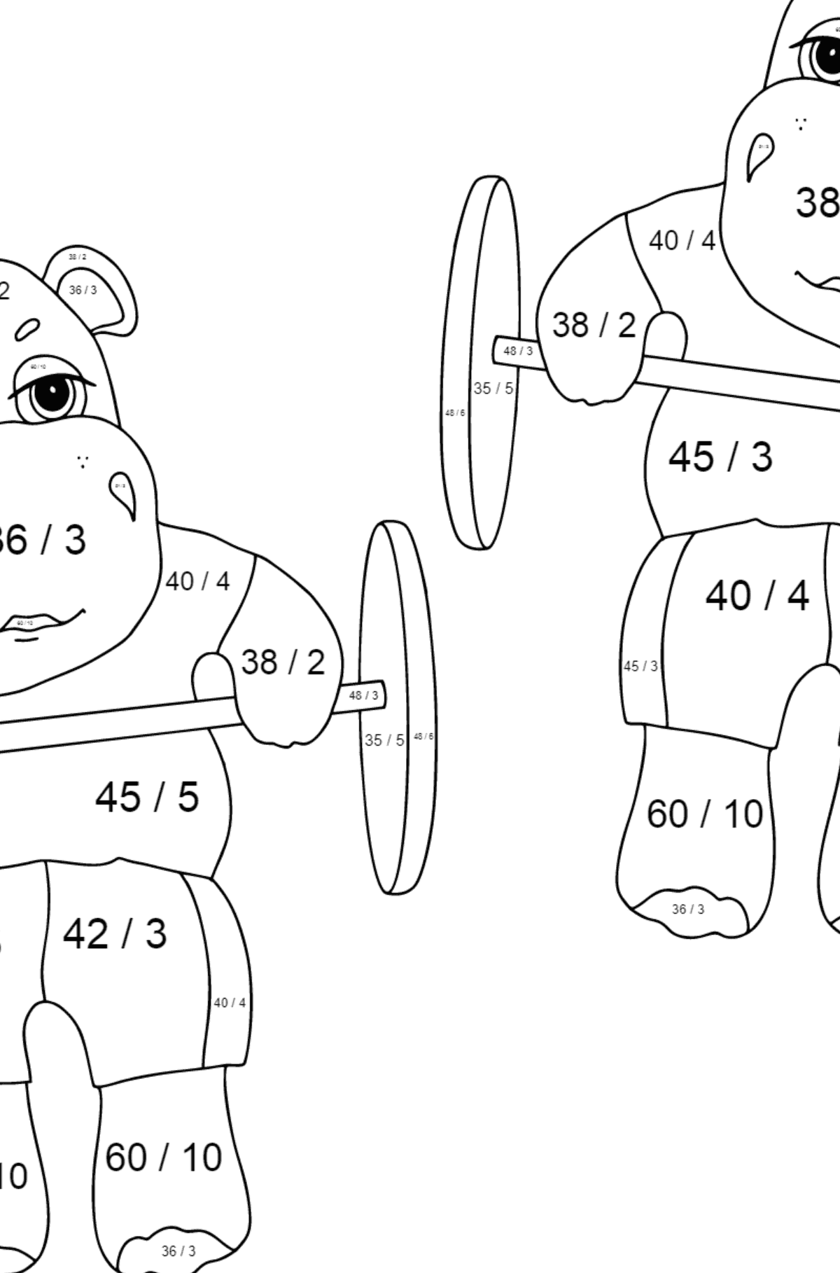 Prosta kolorystyka Hipopotamów - Kolorowanki matematyczne dzielenie dla dzieci