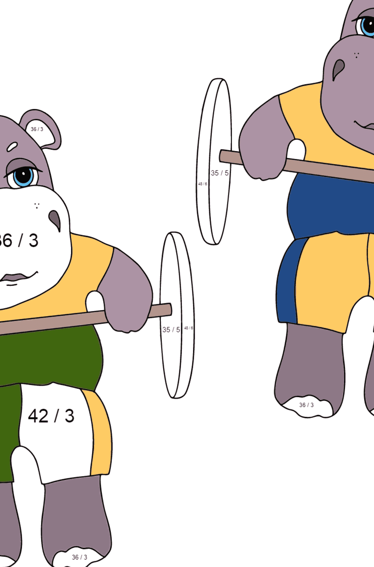 Dibujo de Hipopótamos deportivos (difícil) para colorear - Colorear con Matemáticas - Divisiones para Niños