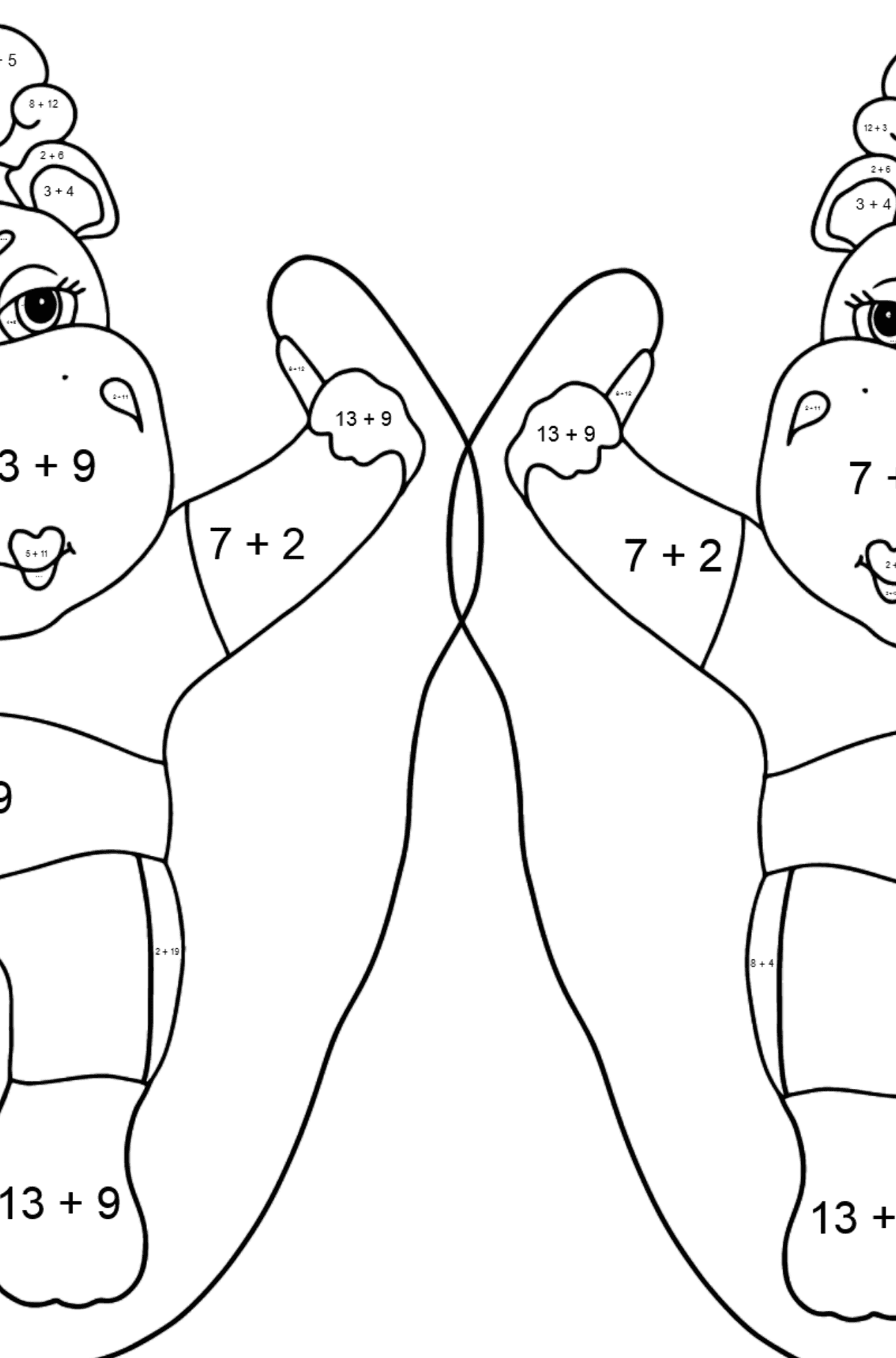 Ausmalbild Lustige Flusspferde (schwer) - Mathe Ausmalbilder - Addition für Kinder