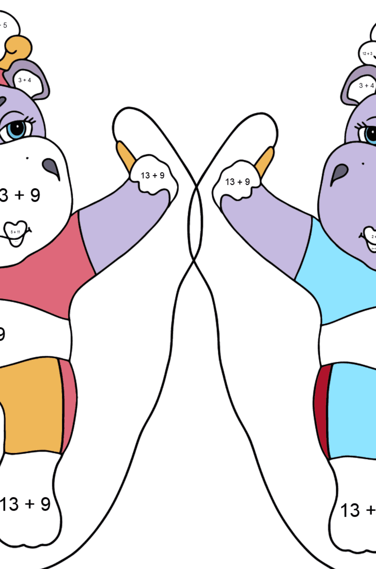 Dibujo de Hipopótamos divertidos (difícil) para colorear - Colorear con Matemáticas - Sumas para Niños
