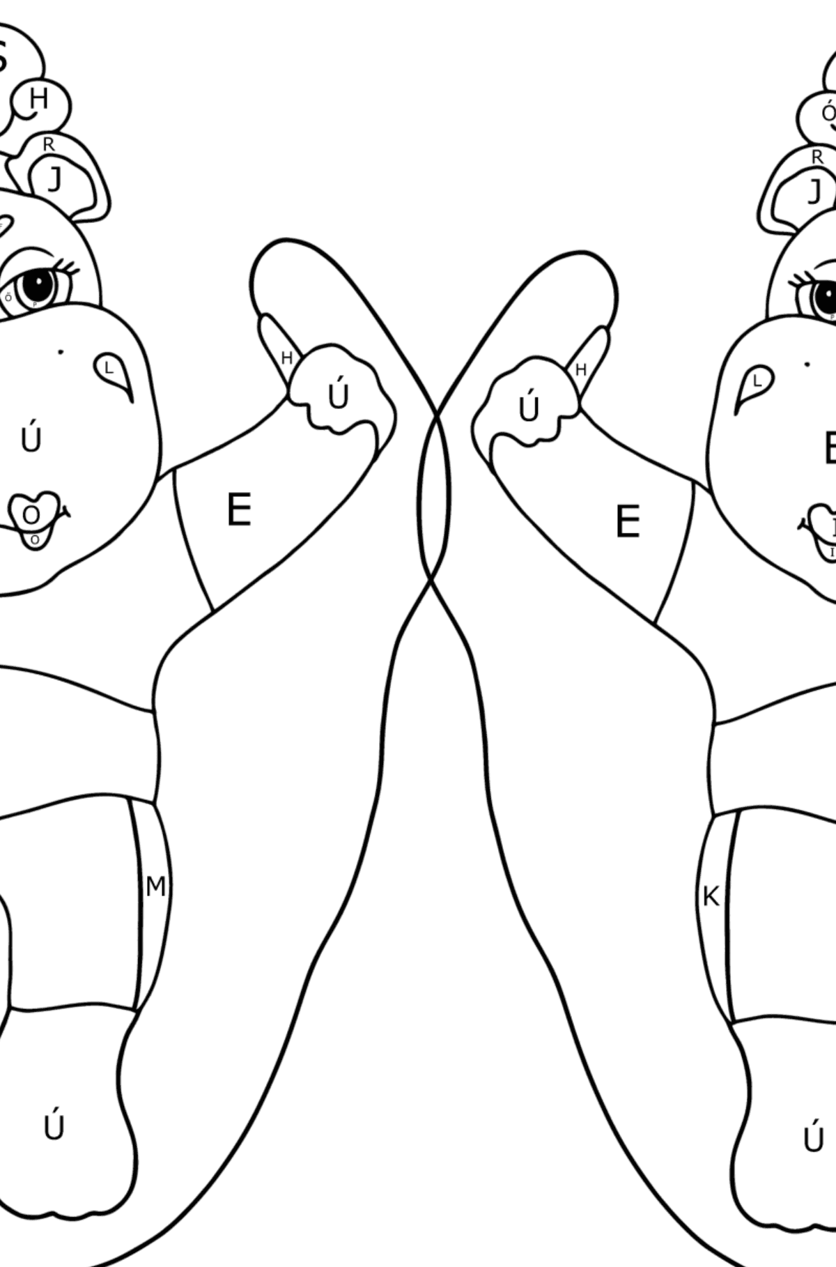 Kifestő vicces vízilovak (bonyolult) - Színezés betű szerint gyerekeknek