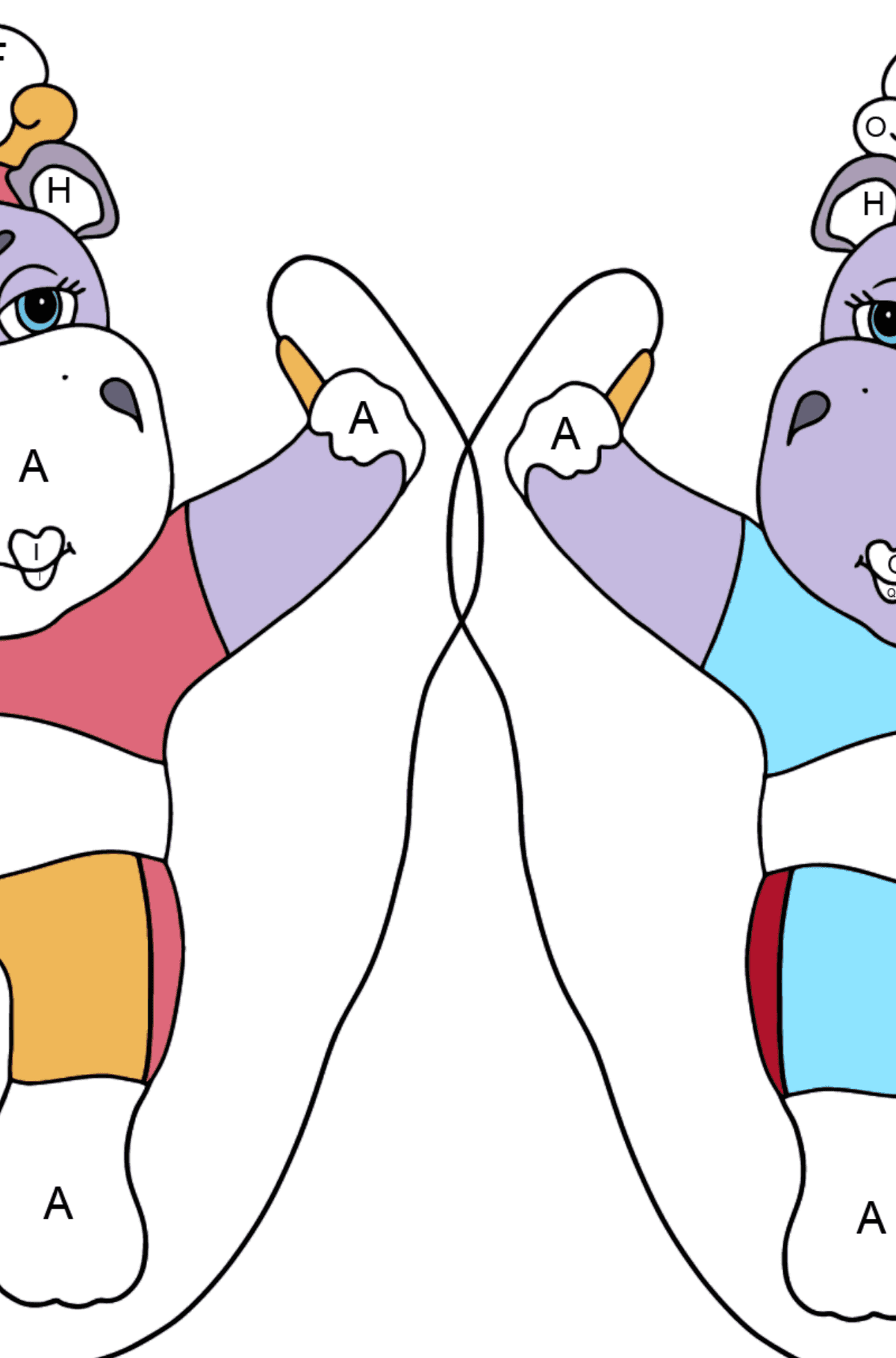 Hipopótamos Engraçados (Difícil) para colorir - Colorir por Letras para Crianças