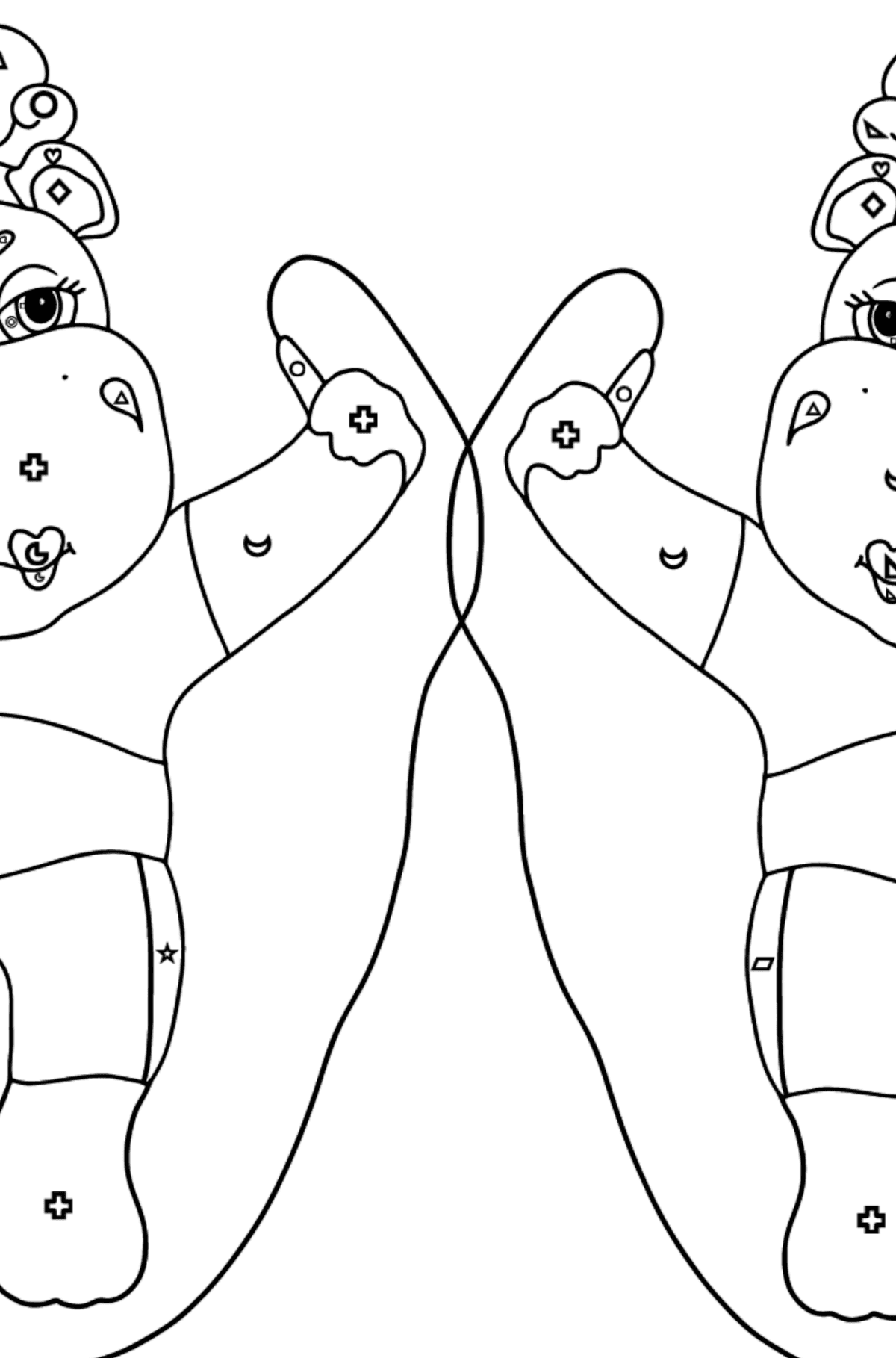 Ausmalbild Lustige Flusspferde (schwer) - Ausmalen nach Geometrischen Formen für Kinder