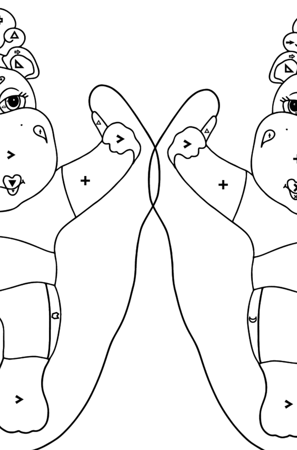 Trudna kolorystyka zabawnych Hipopotamów - Kolorowanie według symboli i figur geometrycznych dla dzieci