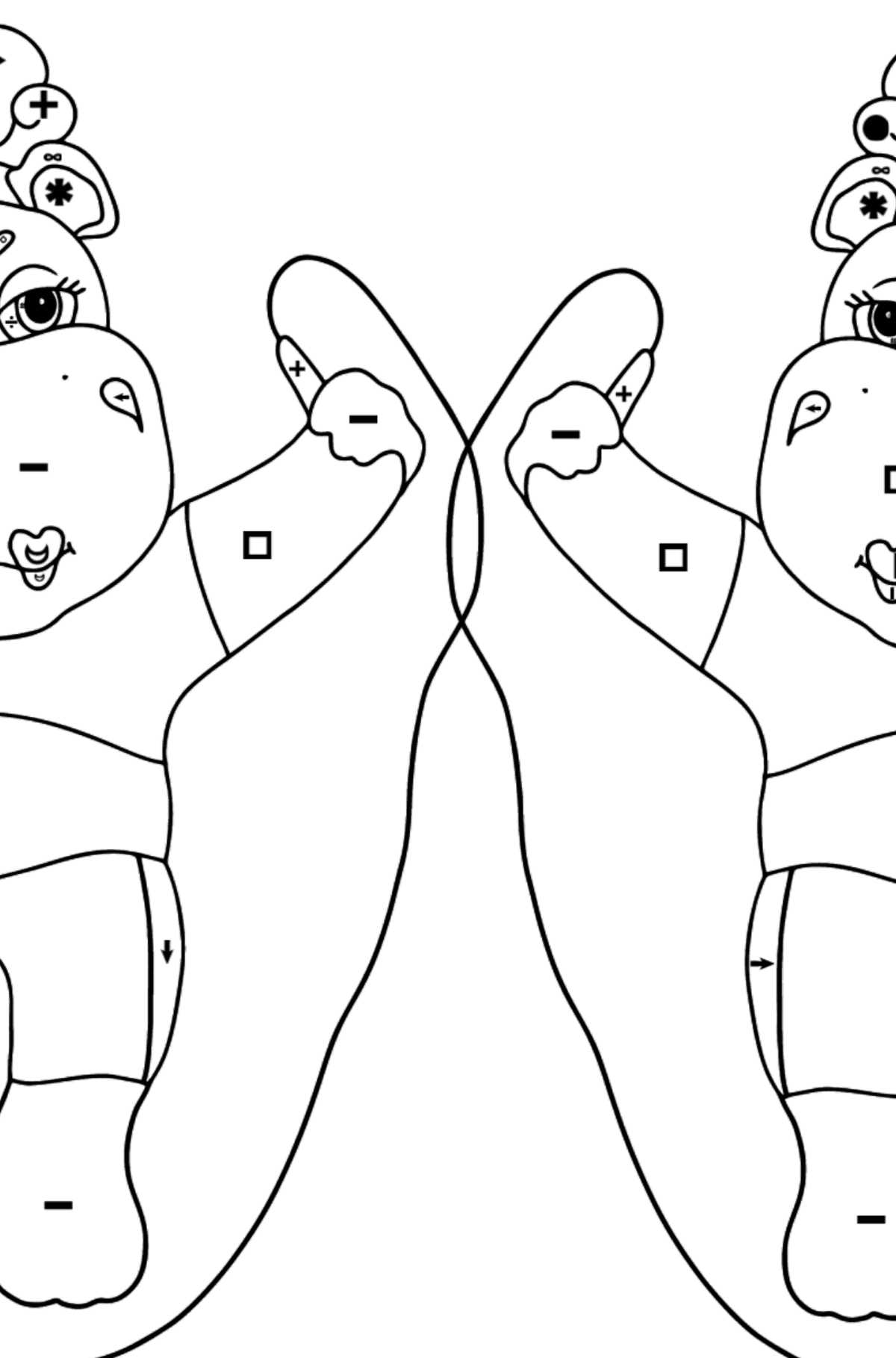 Kifestő vicces vízilovak (bonyolult) - Színezés szimbólum szerint gyerekeknek