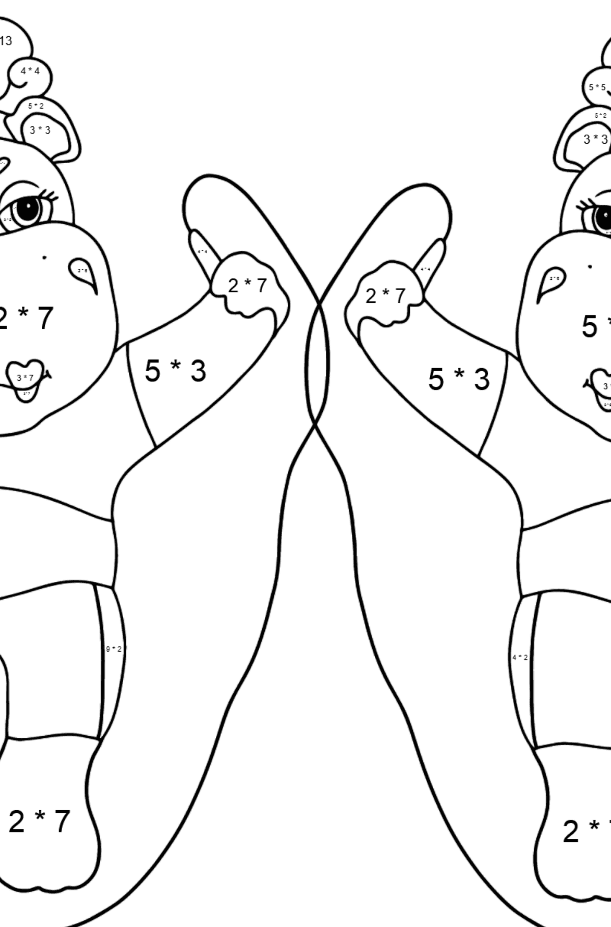Ausmalbild Lustige Flusspferde (schwer) - Mathe Ausmalbilder - Multiplikation für Kinder
