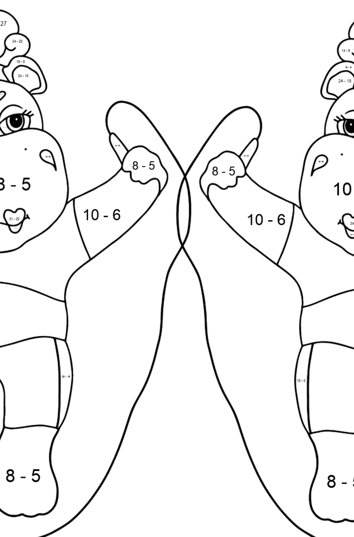 Ausmalbild Lustige Flusspferde (schwer) - Mathe Ausmalbilder - Subtraktion für Kinder