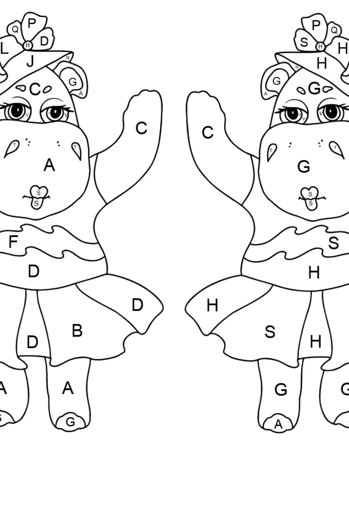 Dibujo de Cuidar hipopótamos (difícil) para colorear - Colorear por Letras para Niños