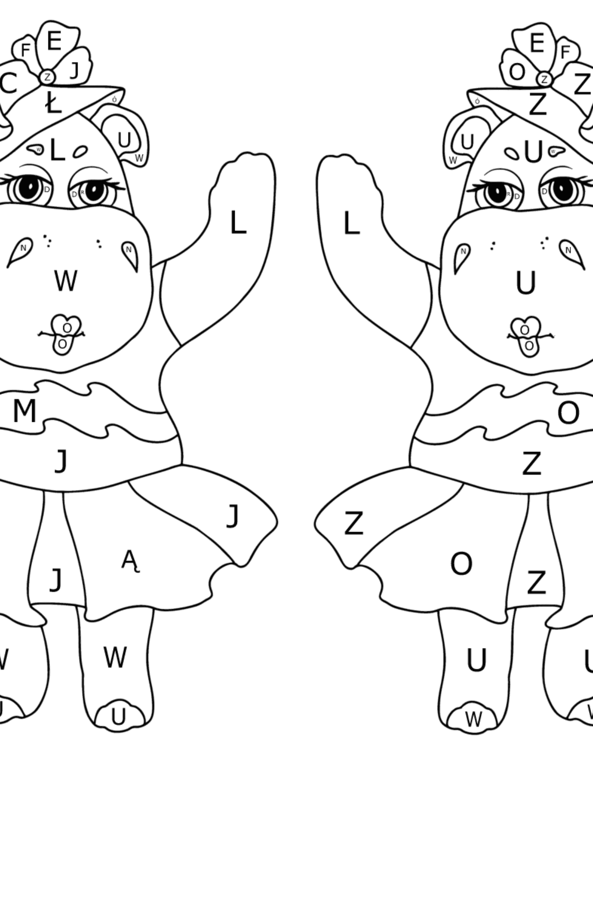 Kompleksowa kolorystyka pielęgnująca Hipopotamy - Kolorowanki wedlug liter dla dzieci