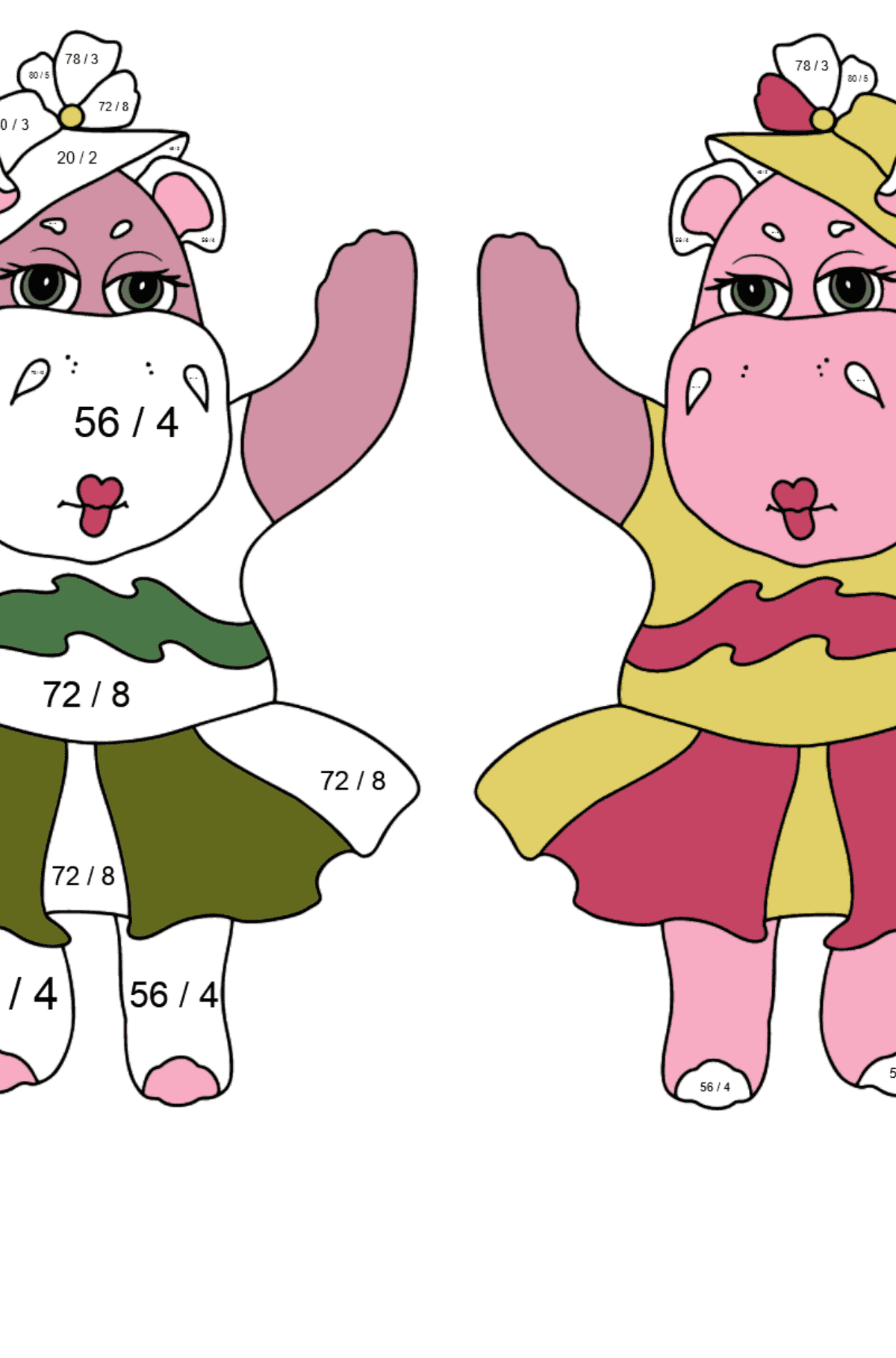Caring Hippos (difficult) coloring page - Math Coloring - Division for Kids