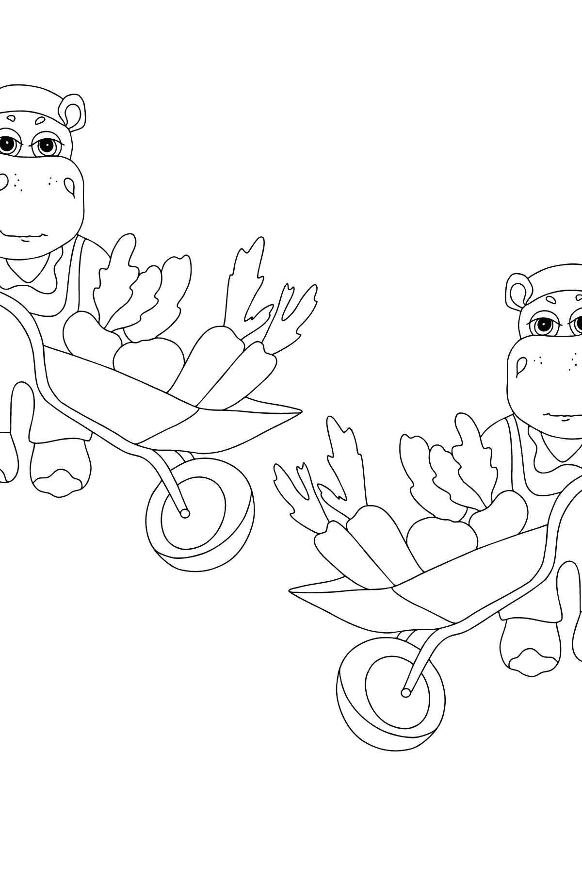 Coloring Page - Hippos in a Garden with Carts for Children 