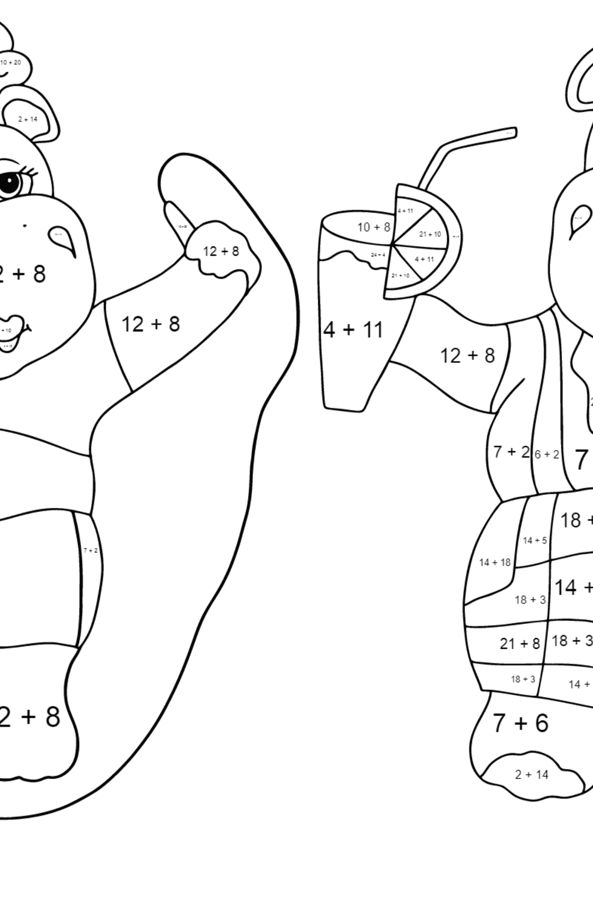Ausmalbild Gute Nilpferde (schwer) - Mathe Ausmalbilder - Addition für Kinder