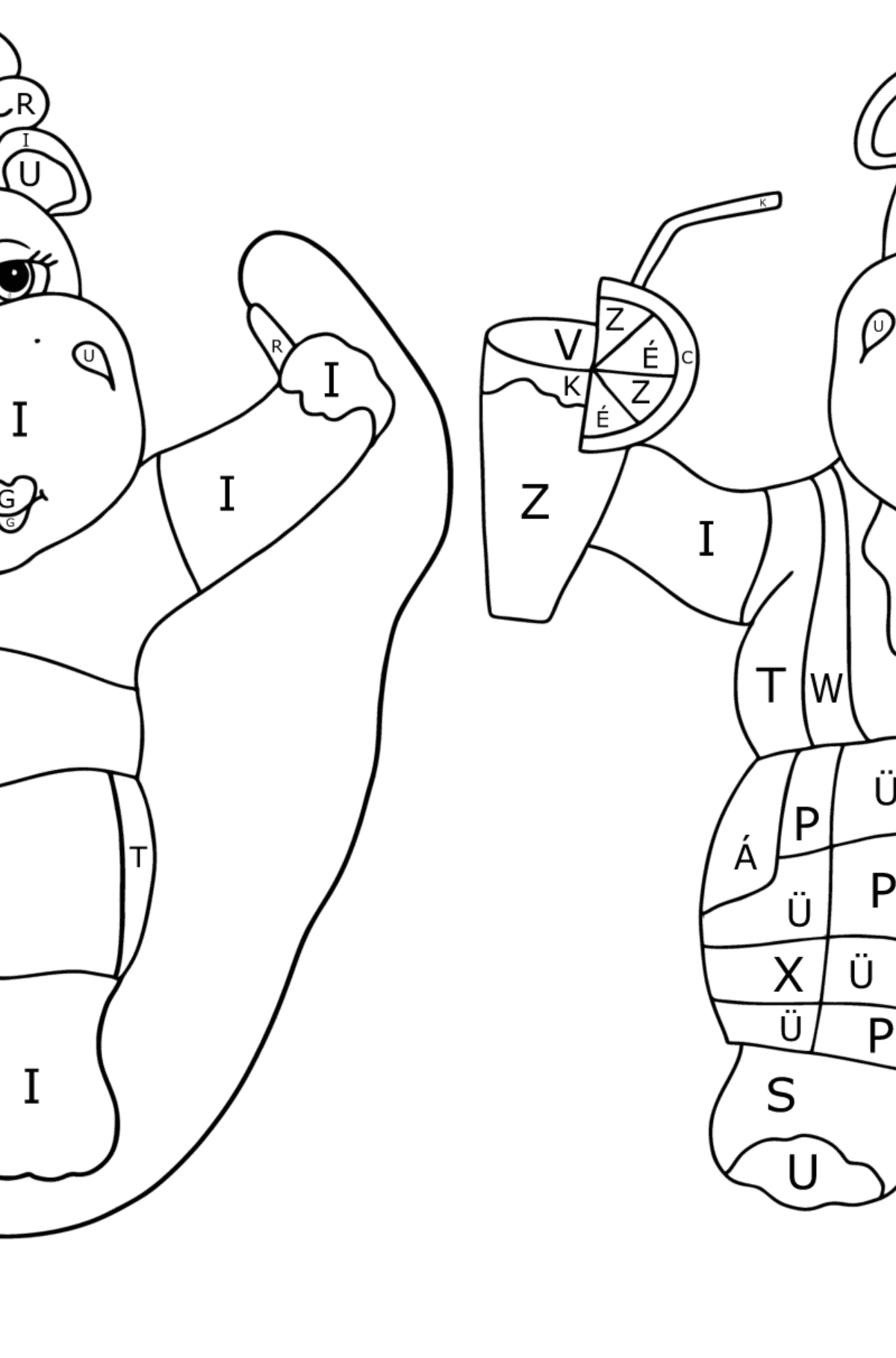 Kifestő kedves vízilovak (bonyolult) - Színezés betű szerint gyerekeknek