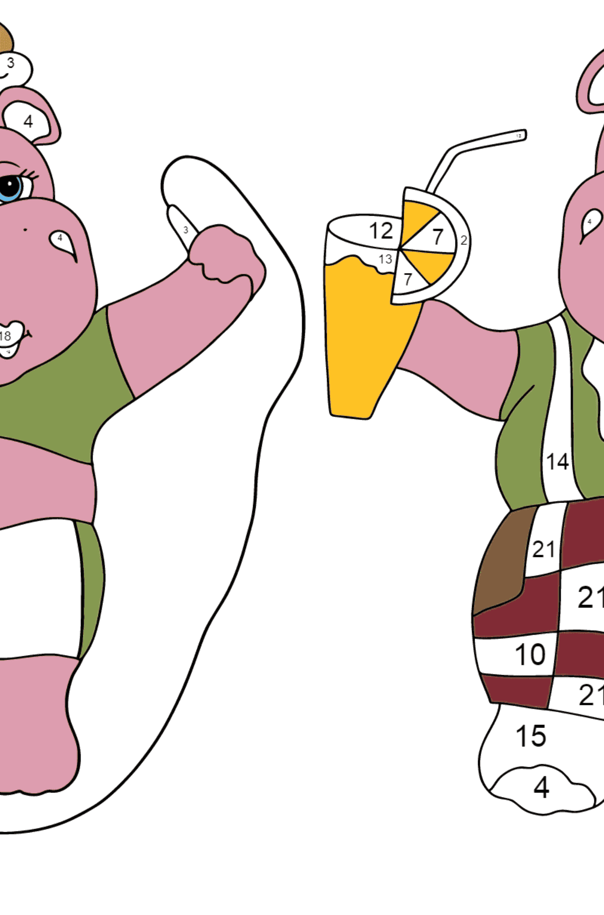 Dibujo de Buenos hipopótamos (difícil) para colorear - Colorear por Números para Niños