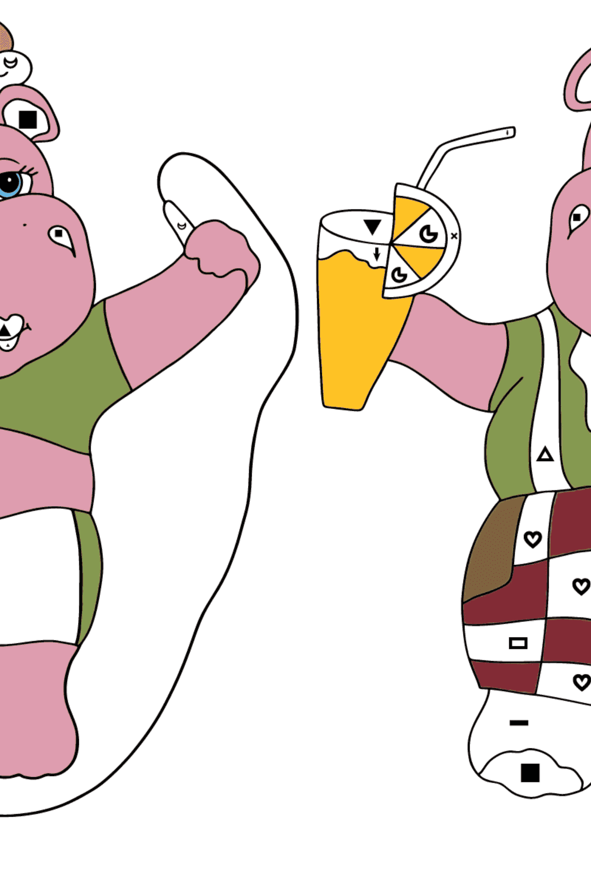 Coloriage Bons hippopotames (difficile) - Coloriage par Symboles pour les Enfants