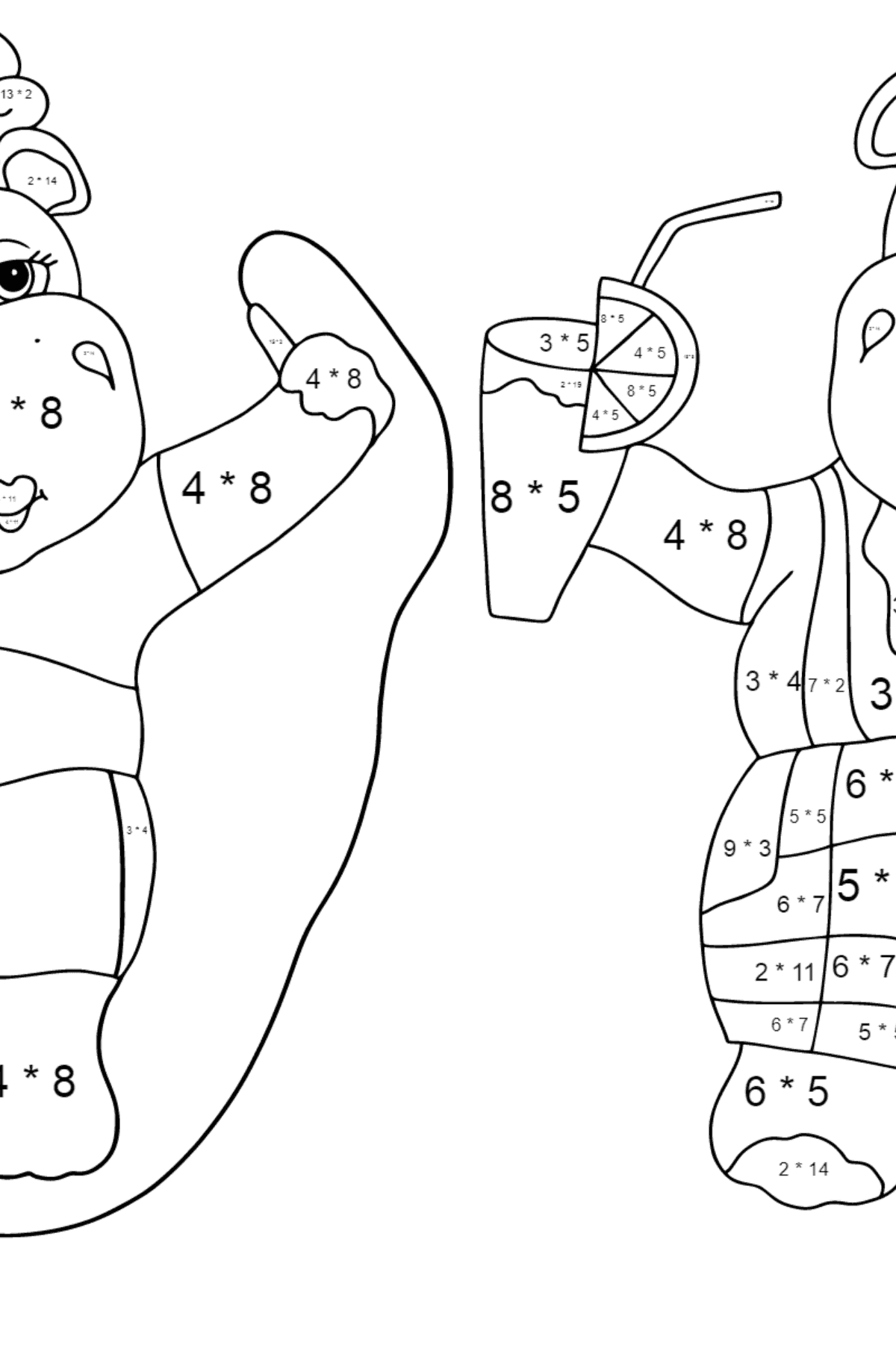 Ausmalbild Gute Nilpferde (schwer) - Mathe Ausmalbilder - Multiplikation für Kinder