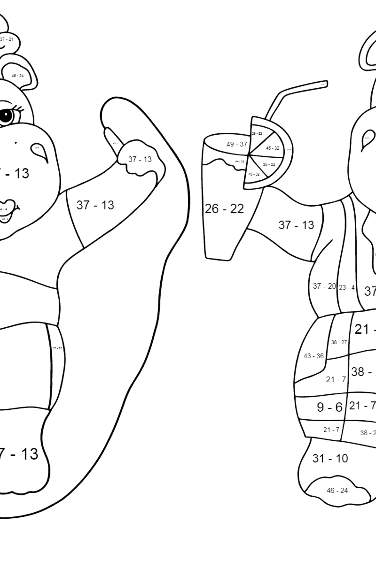 Målarbild bra flodhästar (svår) - Matematik Färgläggning - Subtraktion För barn