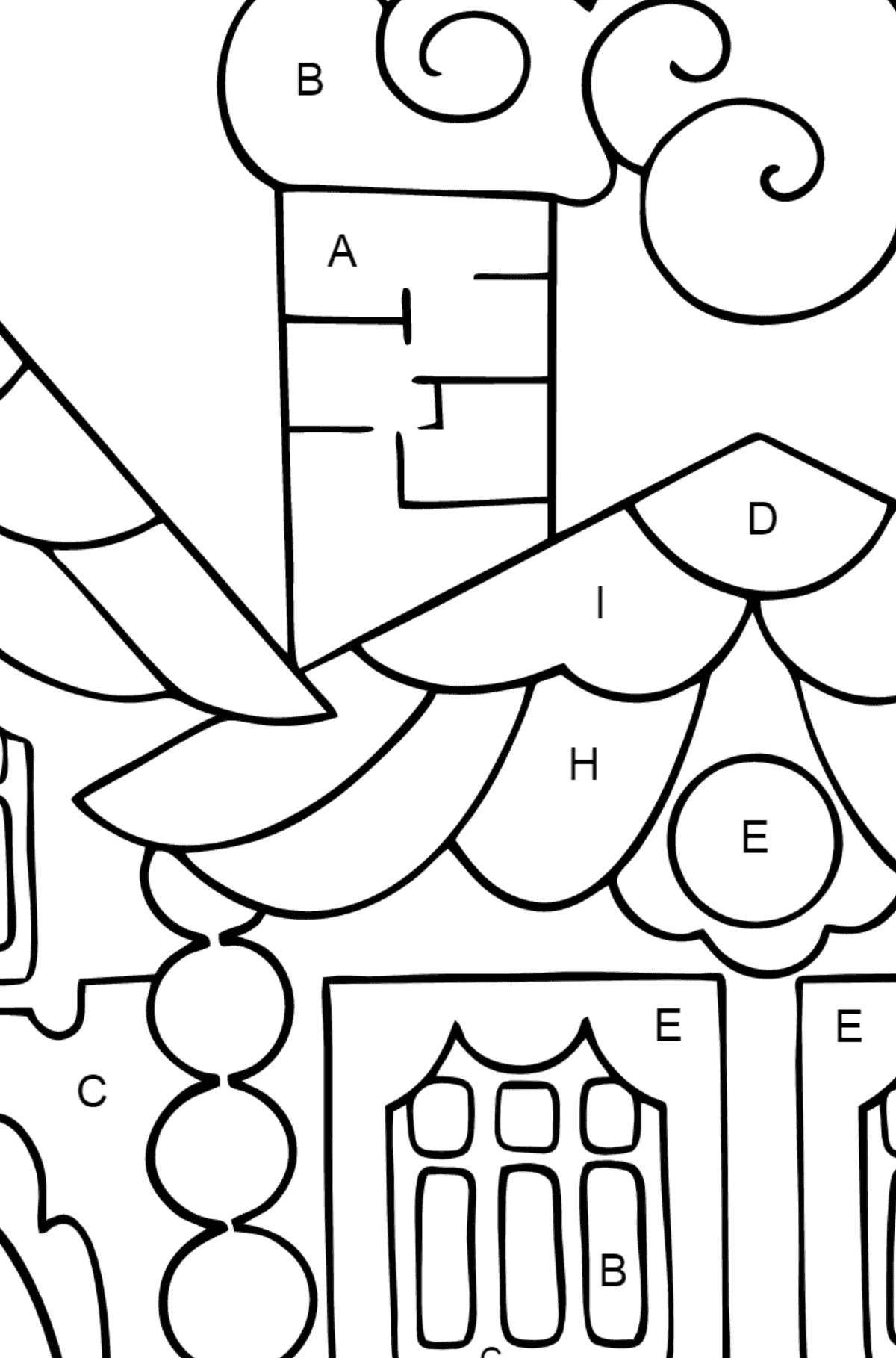 Coloring Page - A House in the Forest for Kids  - Color by Letters