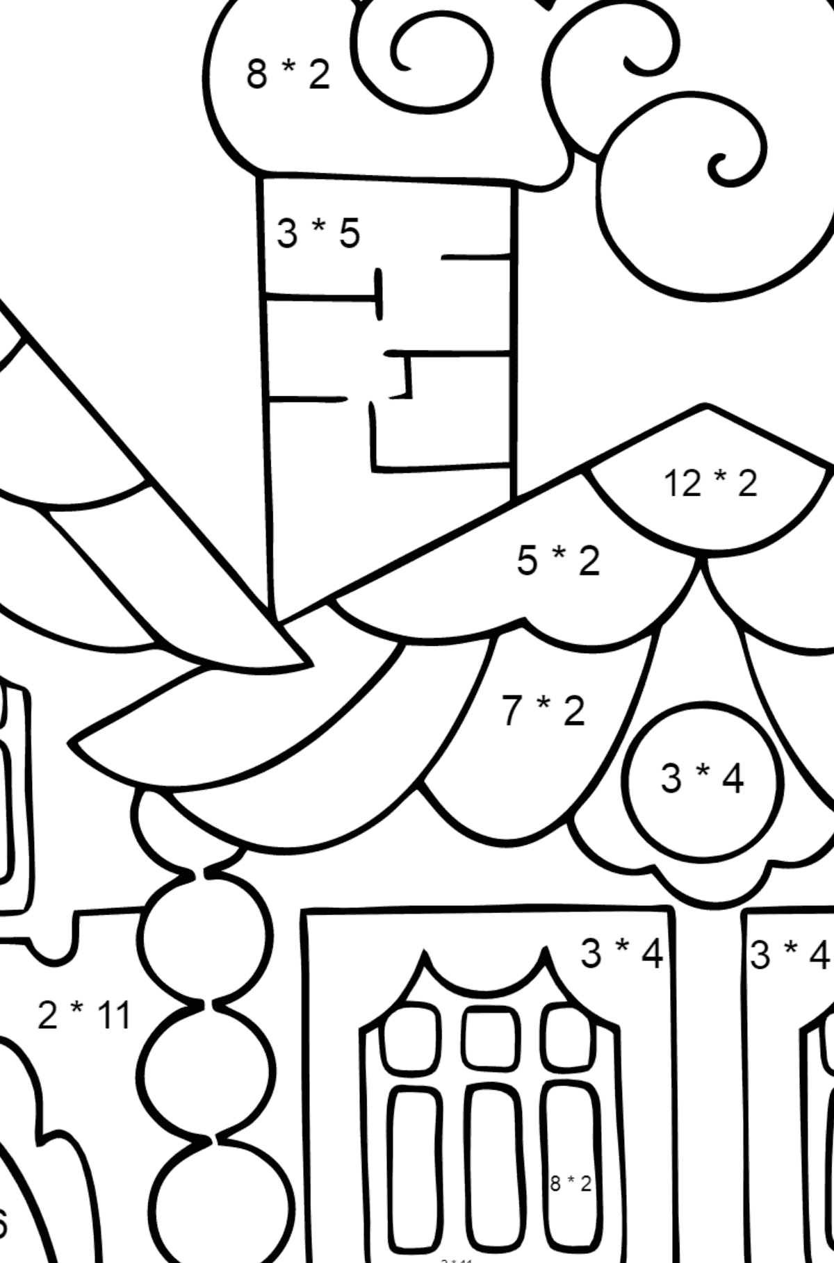 Coloring Page - A House in the Forest for Children  - Color by Number Multiplication