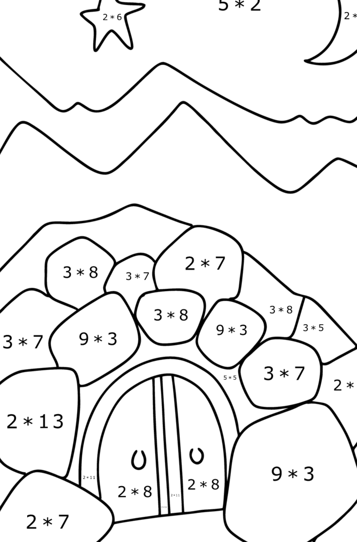 Ausmalbild Ali-Baba Höhle - Mathe Ausmalbilder - Multiplikation für Kinder