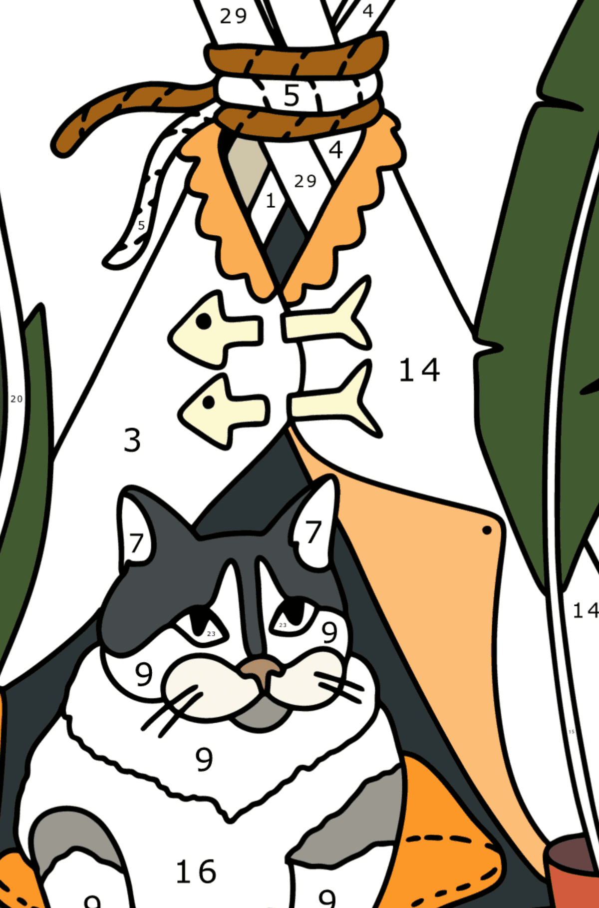 Ausmalbild Katzenhaus - Malen nach Zahlen für Kinder