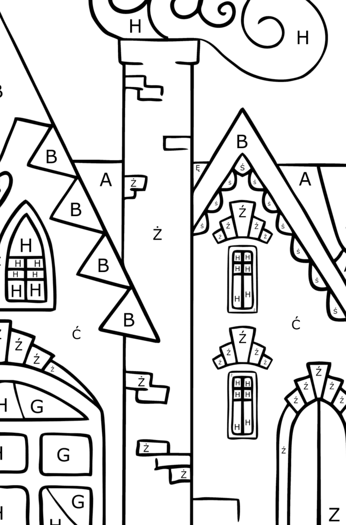 Czarujący dom kolorowanka (trudna) - Kolorowanki wedlug liter dla dzieci