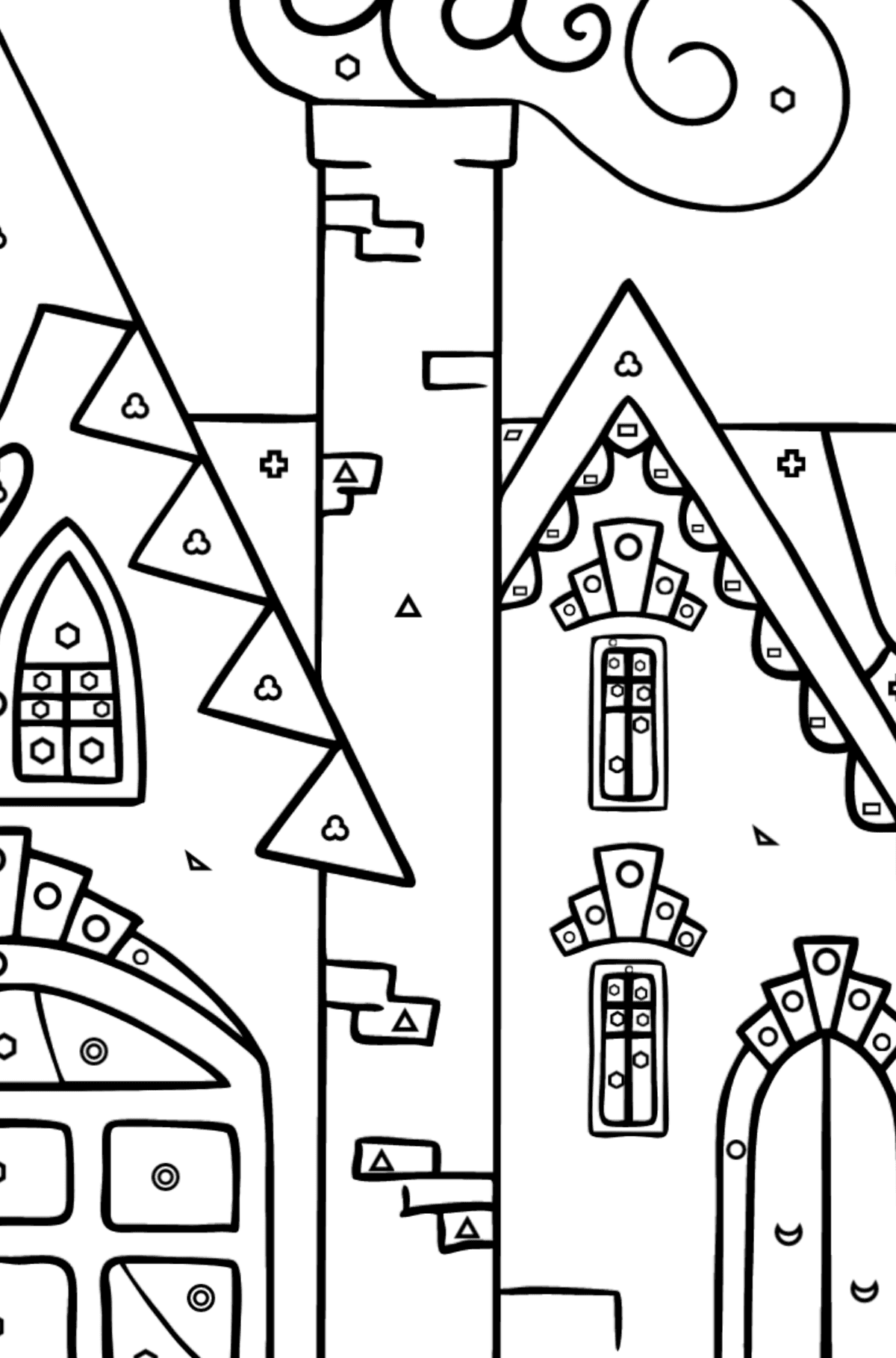 Czarujący dom kolorowanka (trudna) - Kolorowanie według figur geometrycznych dla dzieci